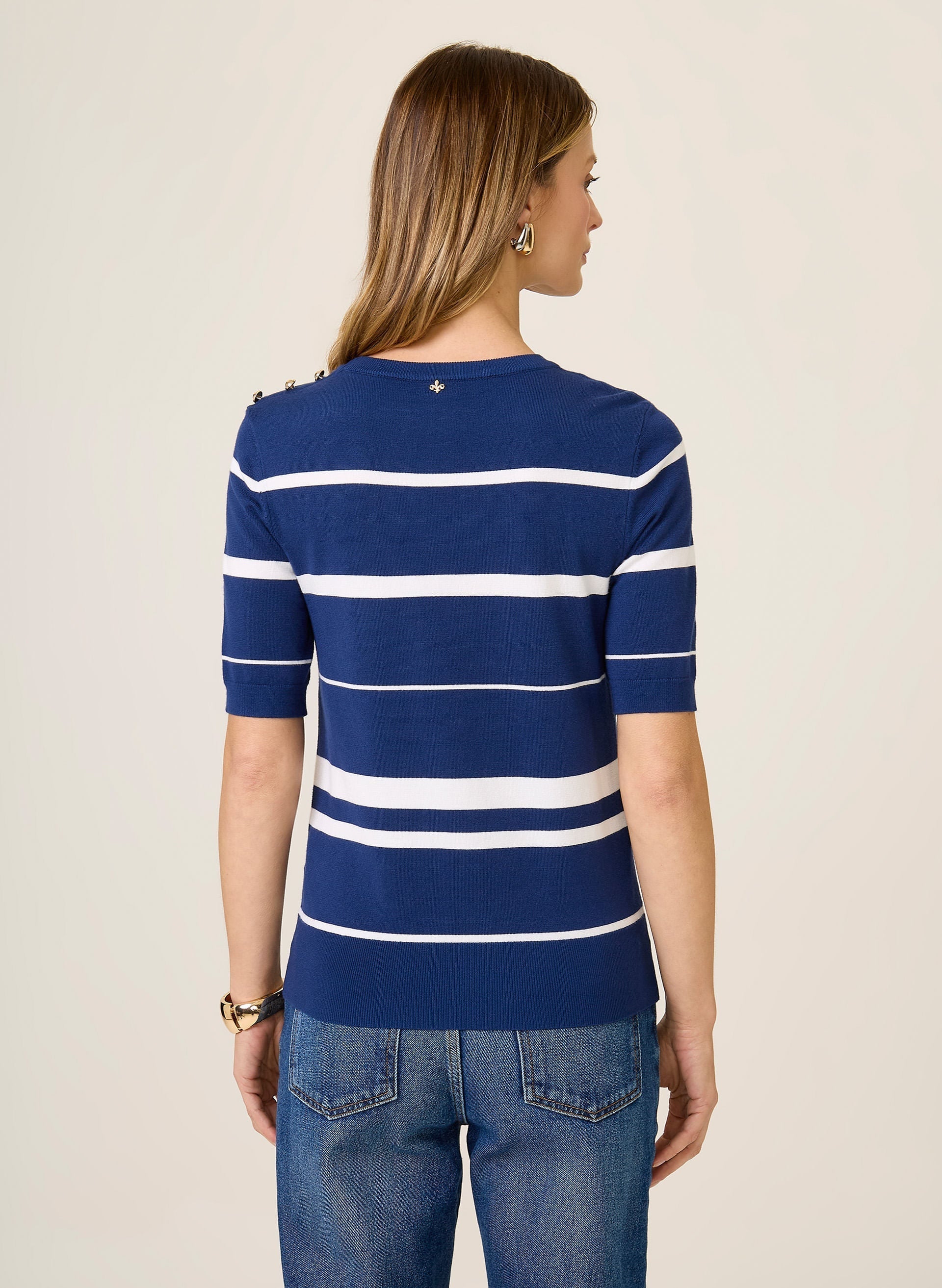 Camiseta Feminina Regular Fit Listras Azul Escuro Confortável