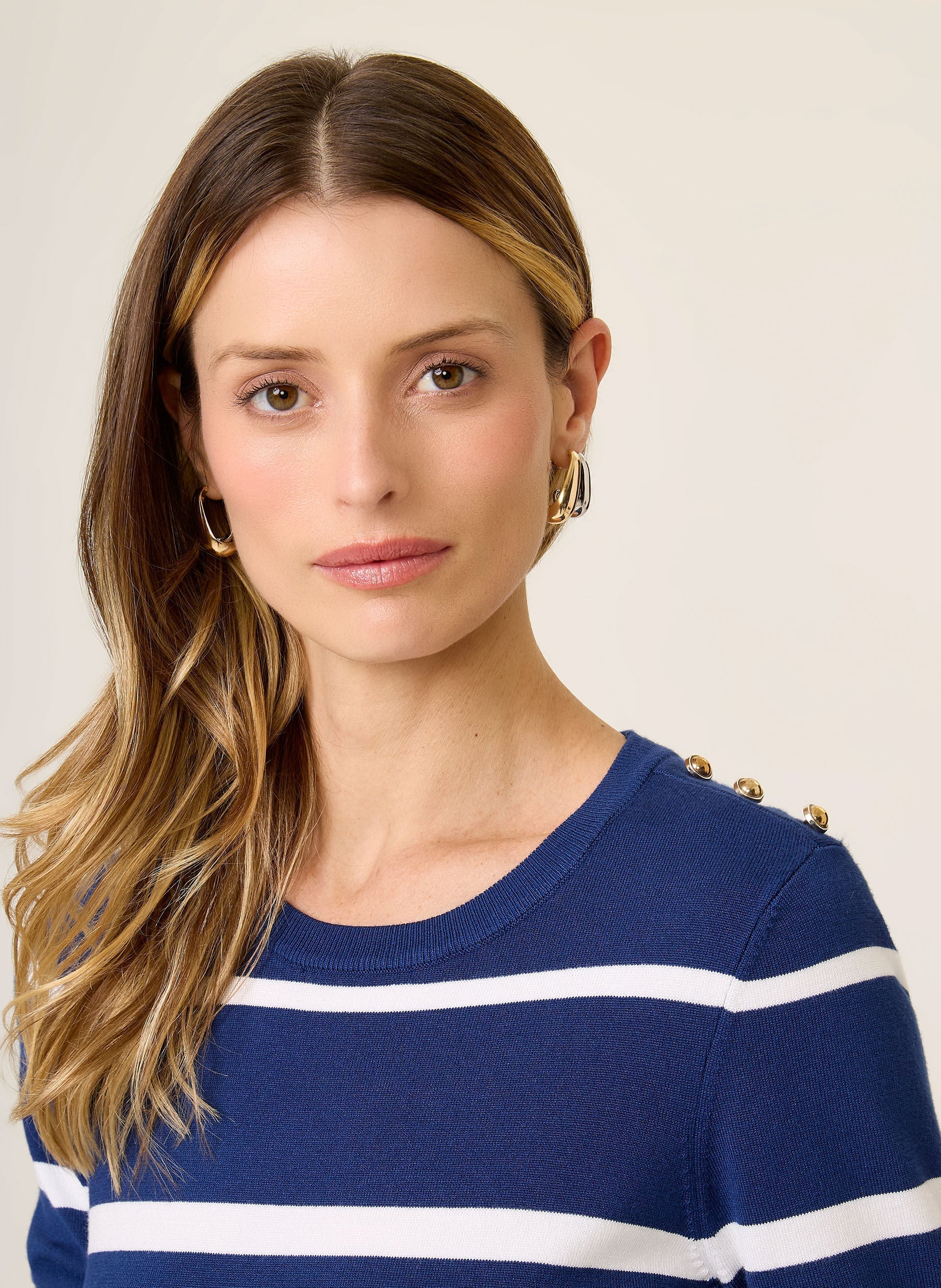Camiseta Feminina Regular Fit Listras Azul Escuro Confortável
