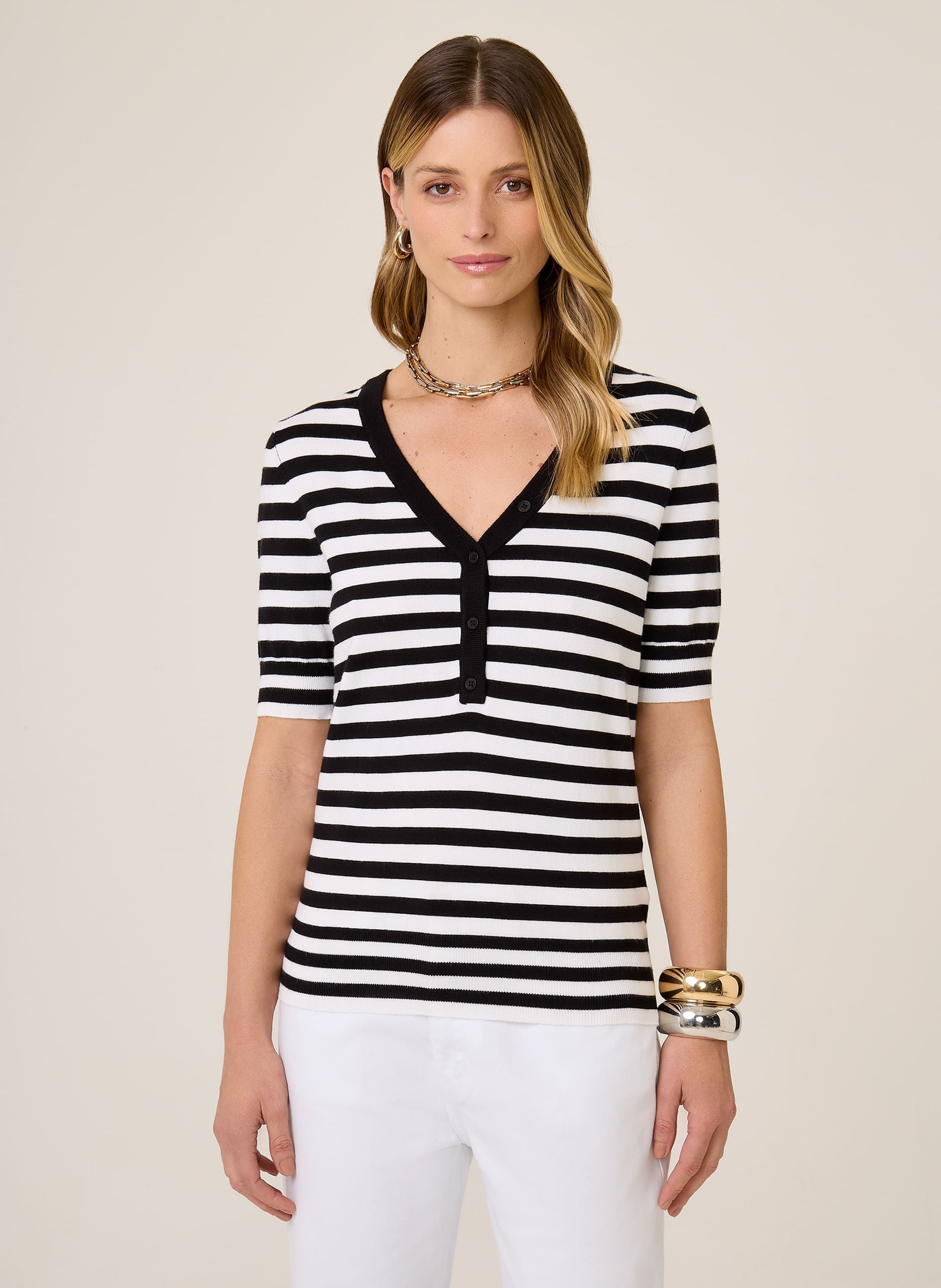 Blusa Tricot Listrada Mara Dudalina Feminina com Botões Frontais