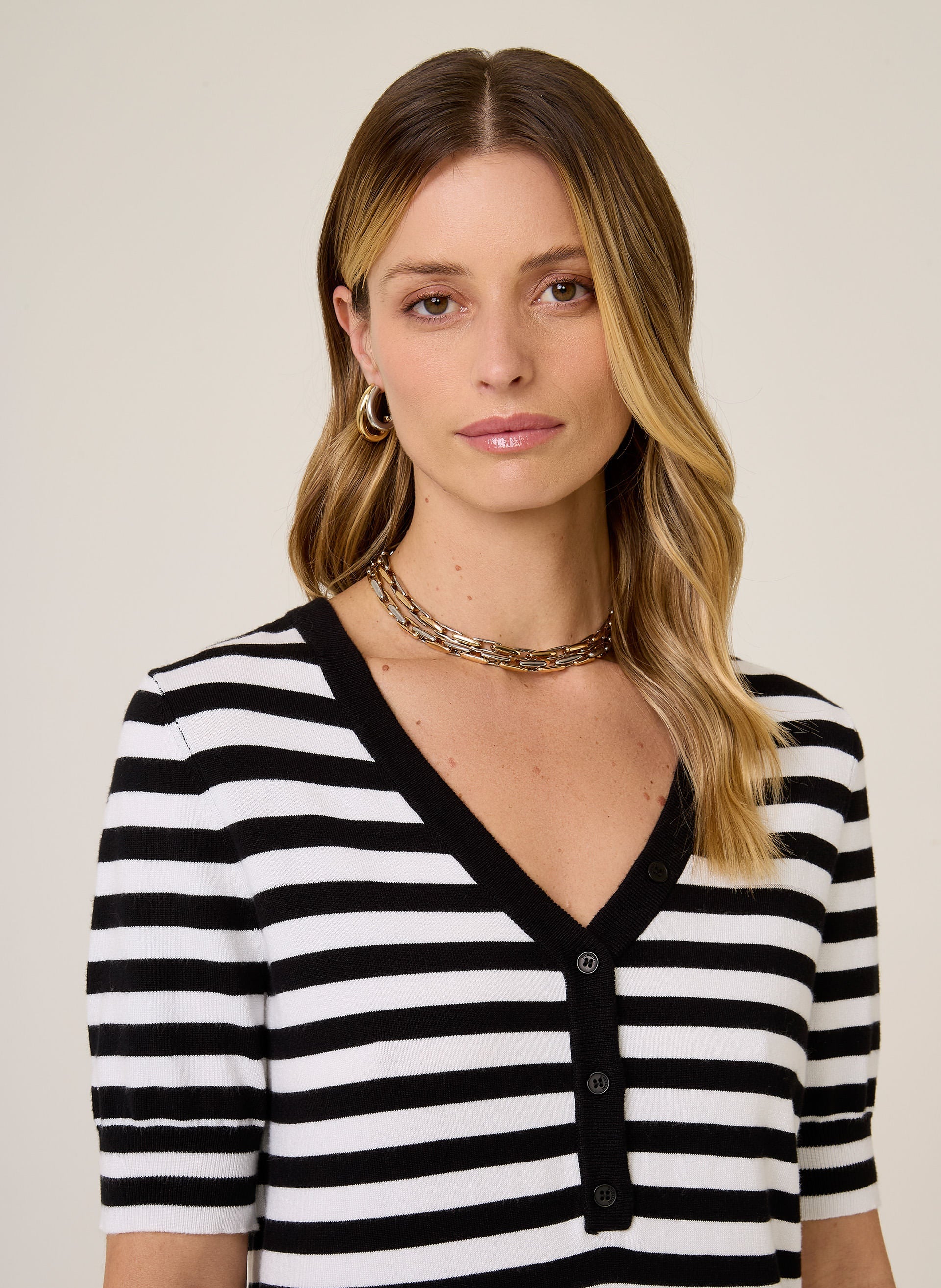 Blusa Tricot Listrada Mara Dudalina Feminina com Botões Frontais