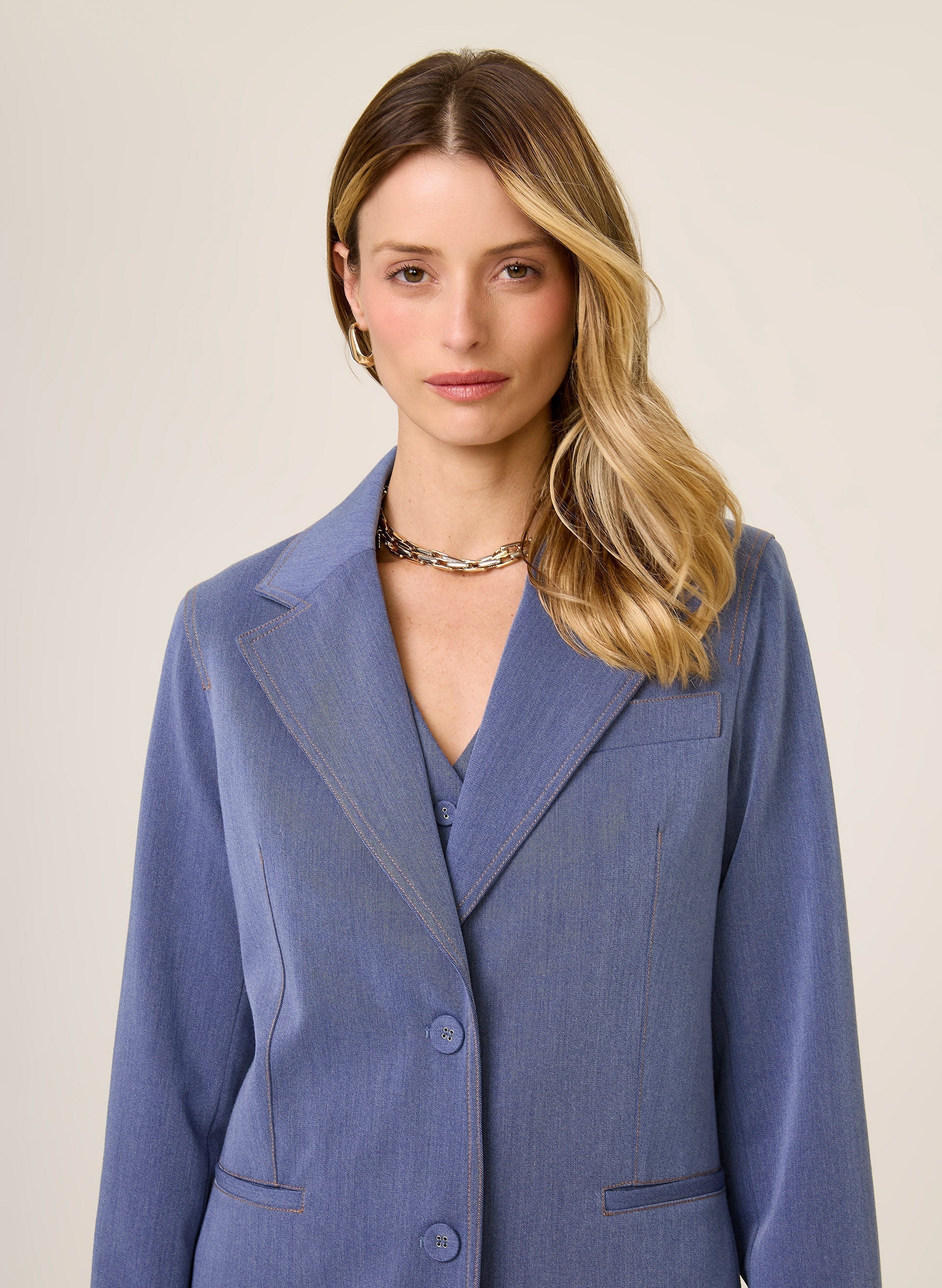 Blazer Alfaiataria Pespontado Renata Dudalina Feminino Azul Claro Elegante