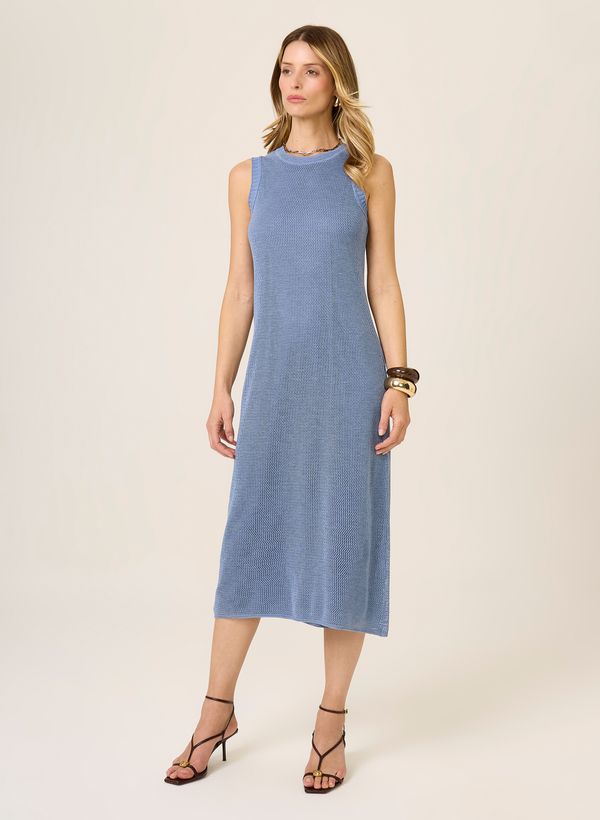 Vestido Tricot Midi Feminino Azul Claro Sem Mangas Elegante