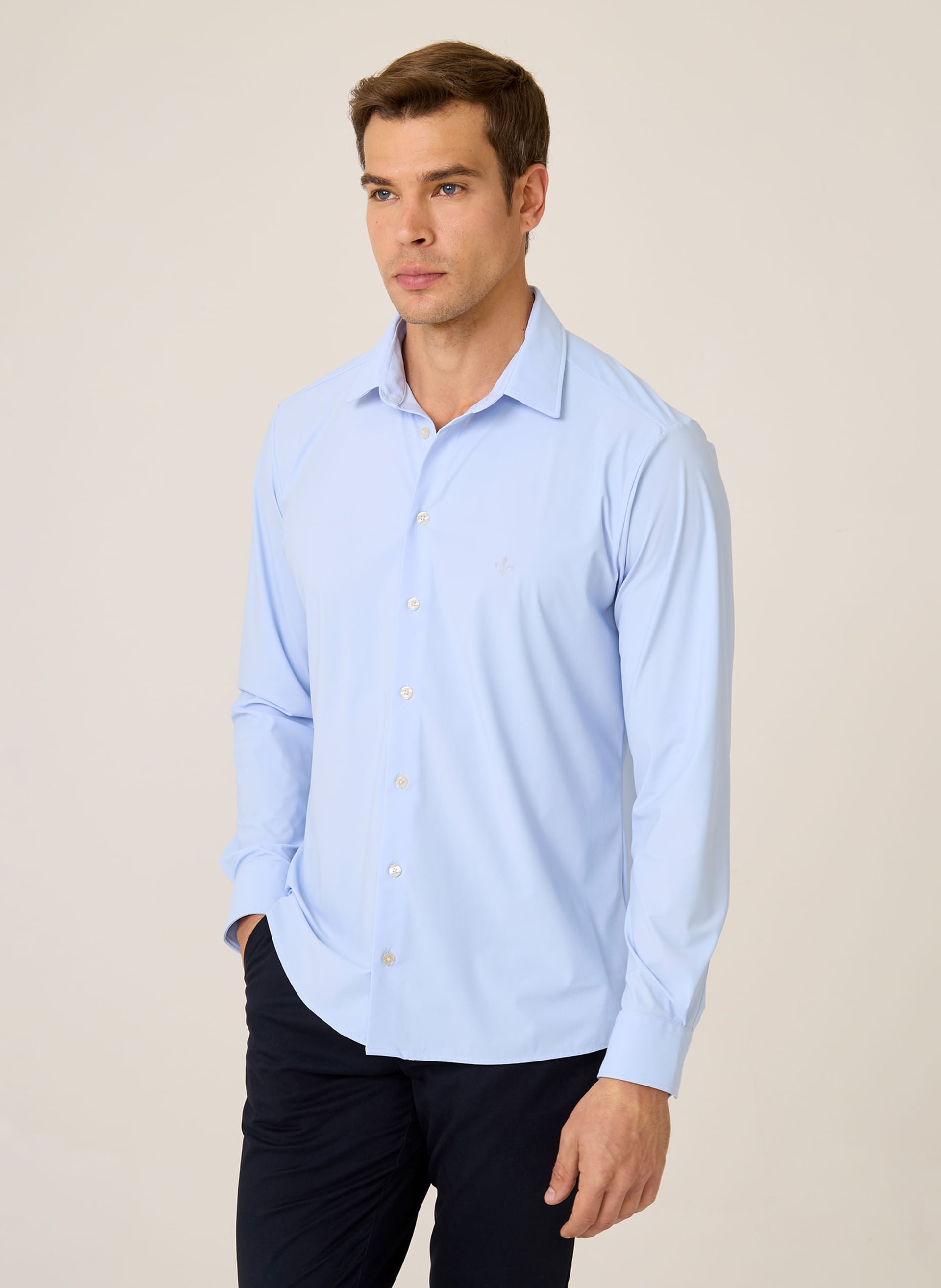 Camisa Slim Fit Performance Masculina Azul Claro Algodão Premium