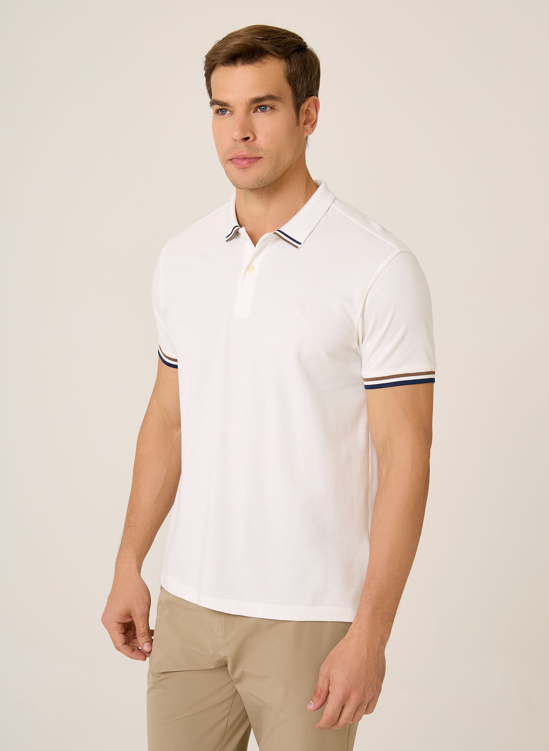 Polo Regular Fit Piquet Masculina Gola Jacquard Off White