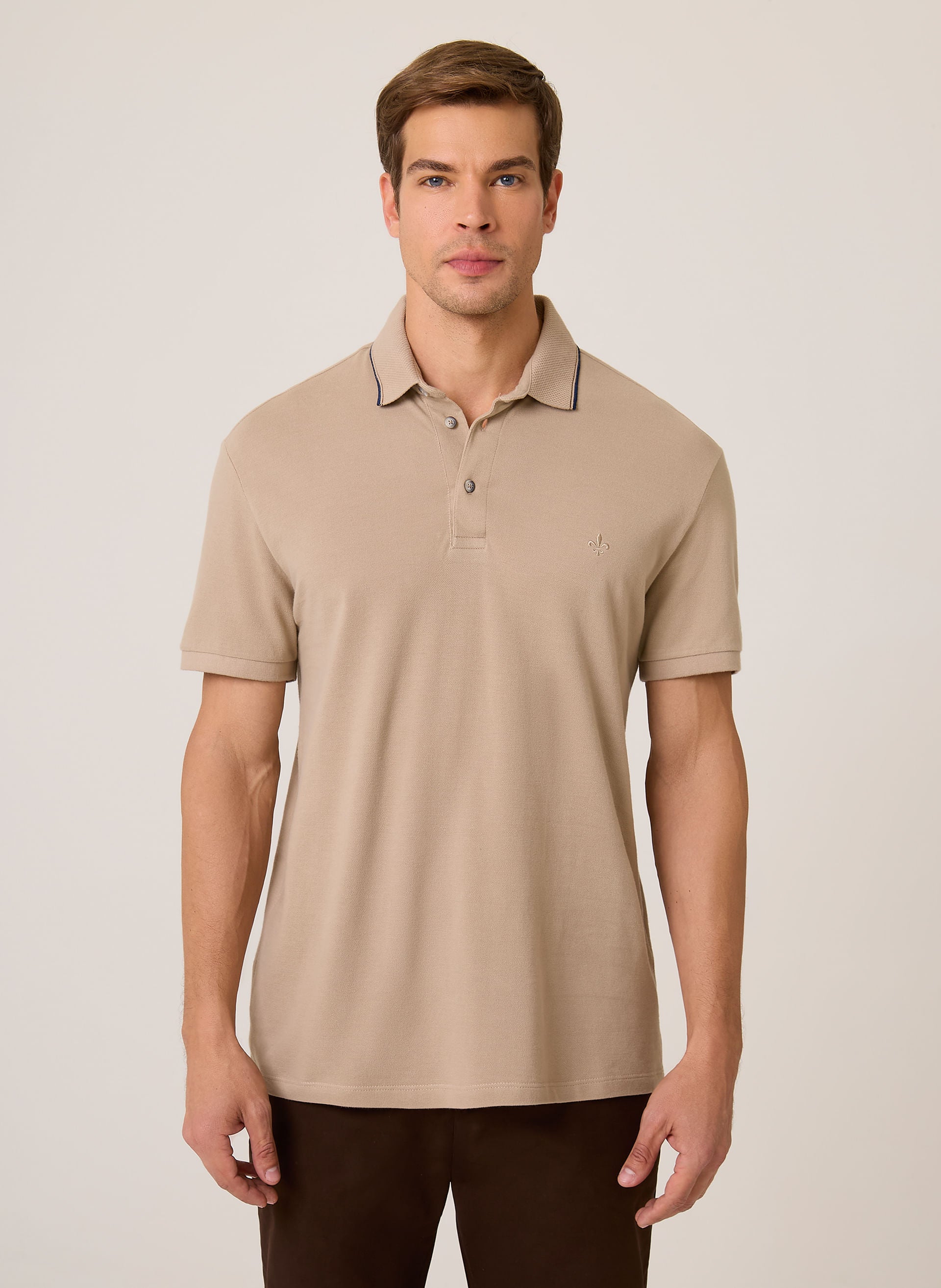 Polo Regular Fit Masculina Gola Favo Frisos Bege Elegante