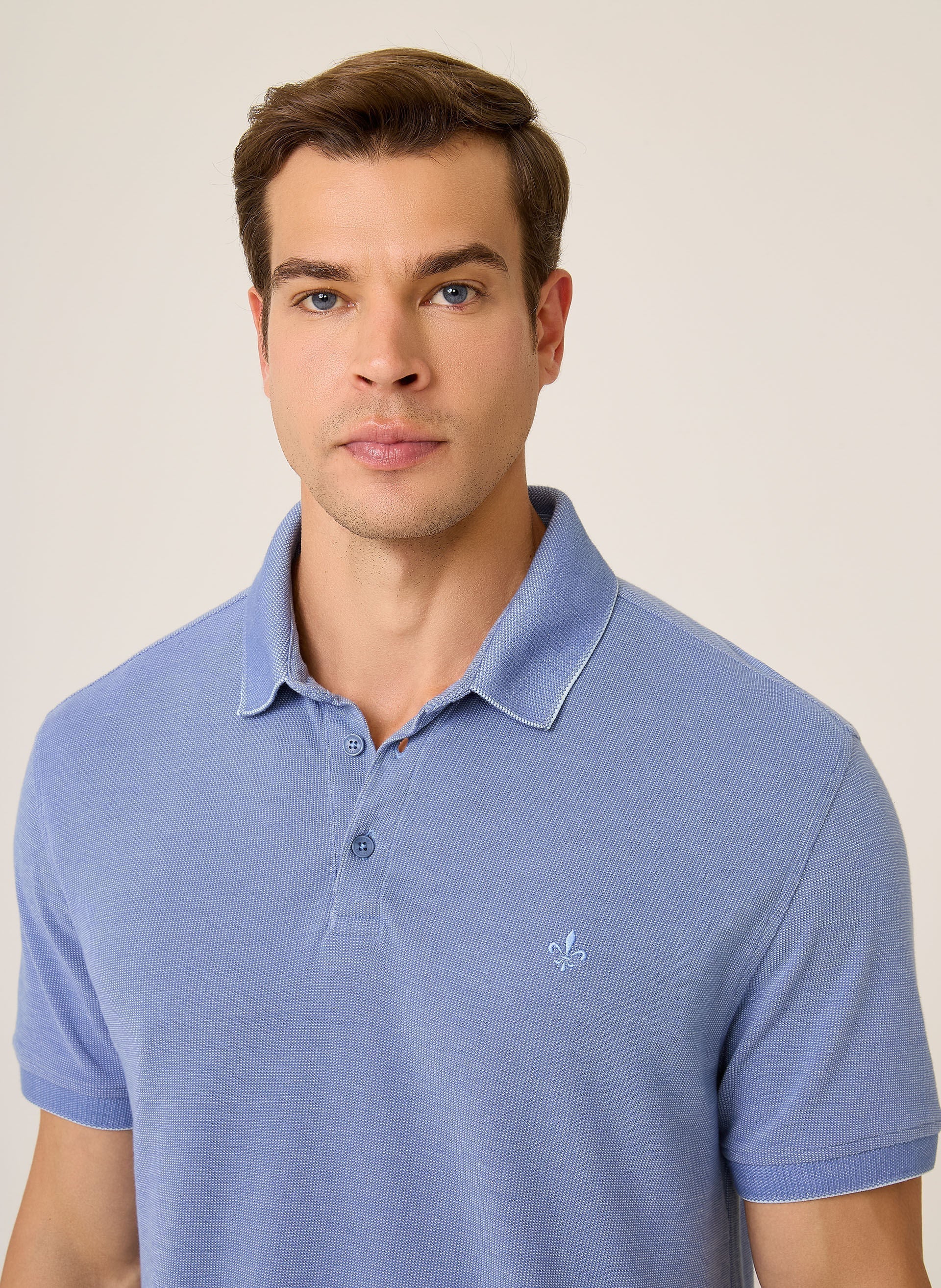 Polo Masculina Regular Fit Piquet Binada Azul Médio Confortável
