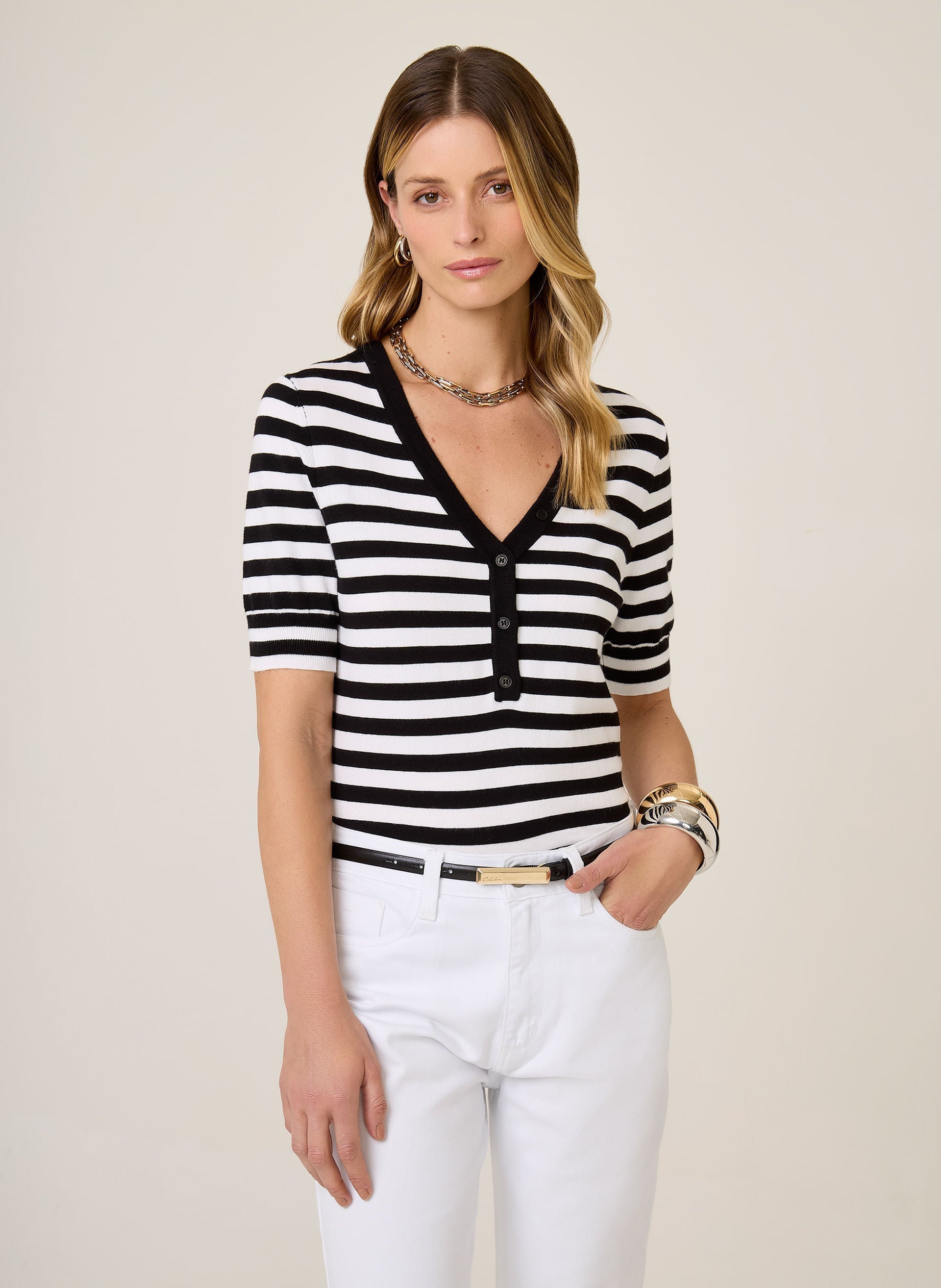 Blusa Tricot Listrada Mara Dudalina Feminina com Botões Frontais