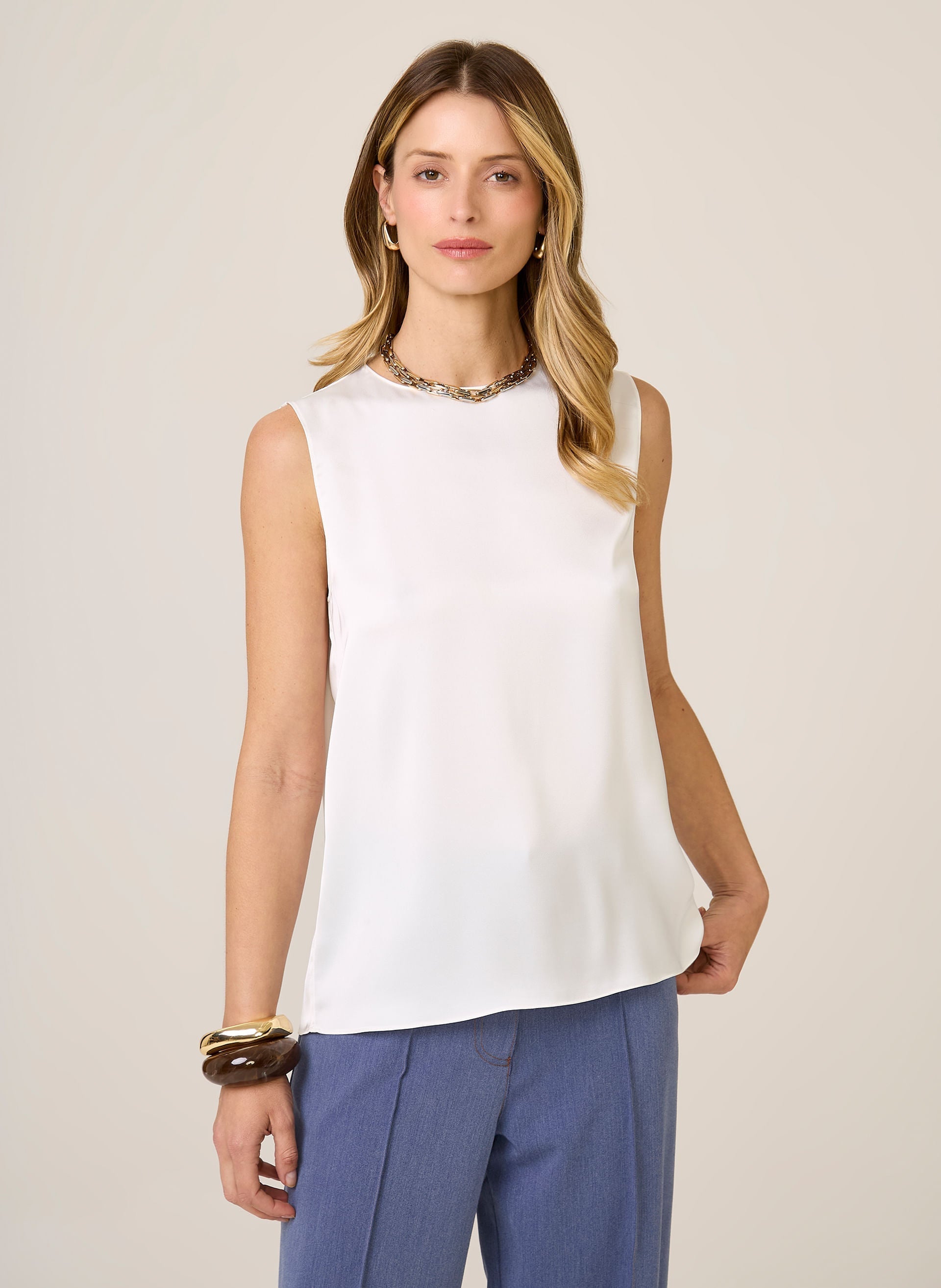 Blusa Reta Sem Manga Aline Feminina Elegante Off White