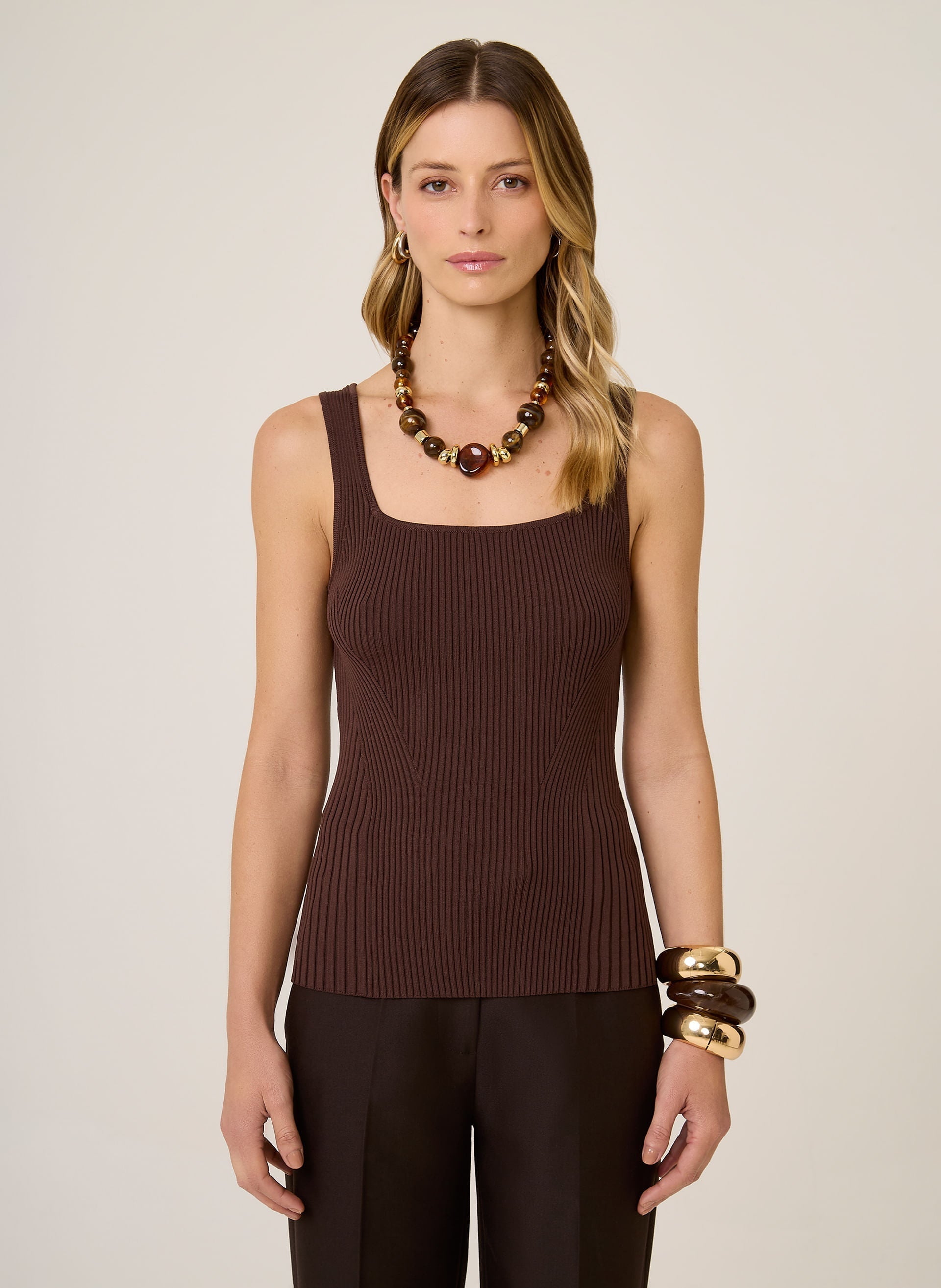 Regata Tricot Cristiane Dudalina Feminina Marrom Escuro Elegante