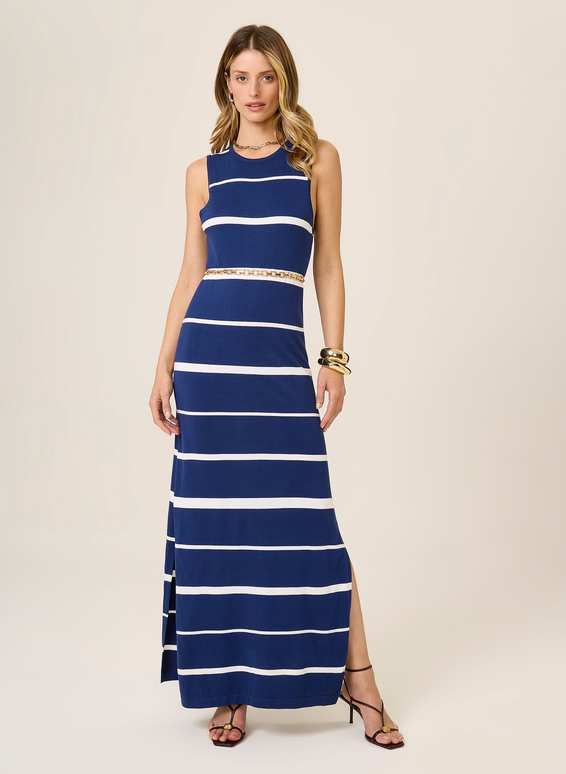Vestido Longo Feminino Azul Escuro com Listras Brancas Dudalina