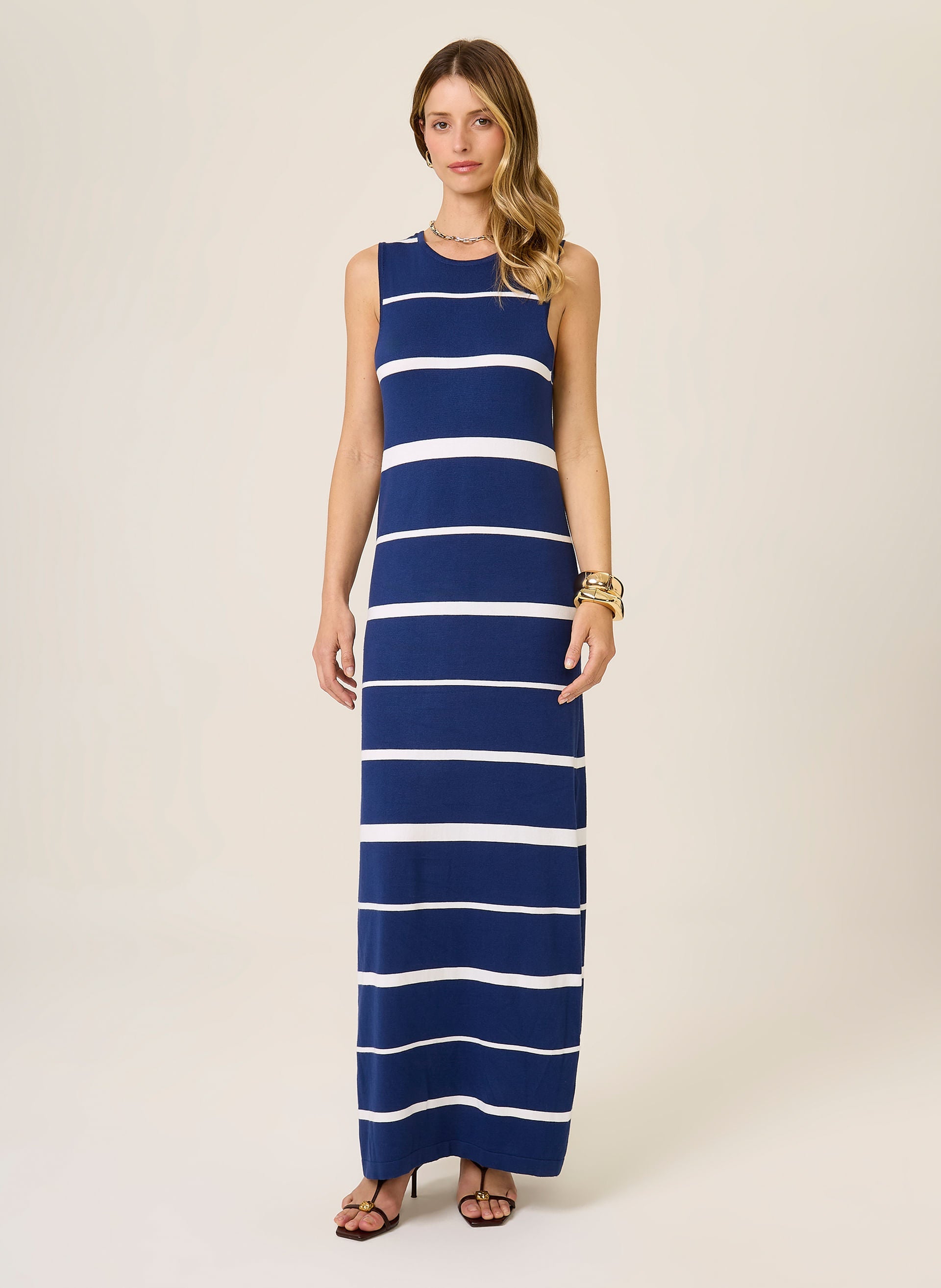 Vestido Longo Feminino Azul Escuro com Listras Brancas Dudalina