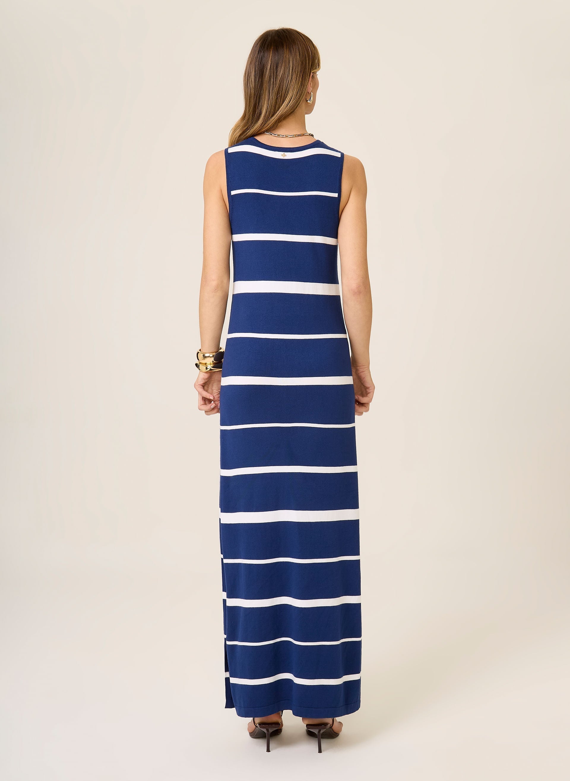 Vestido Longo Feminino Azul Escuro com Listras Brancas Dudalina