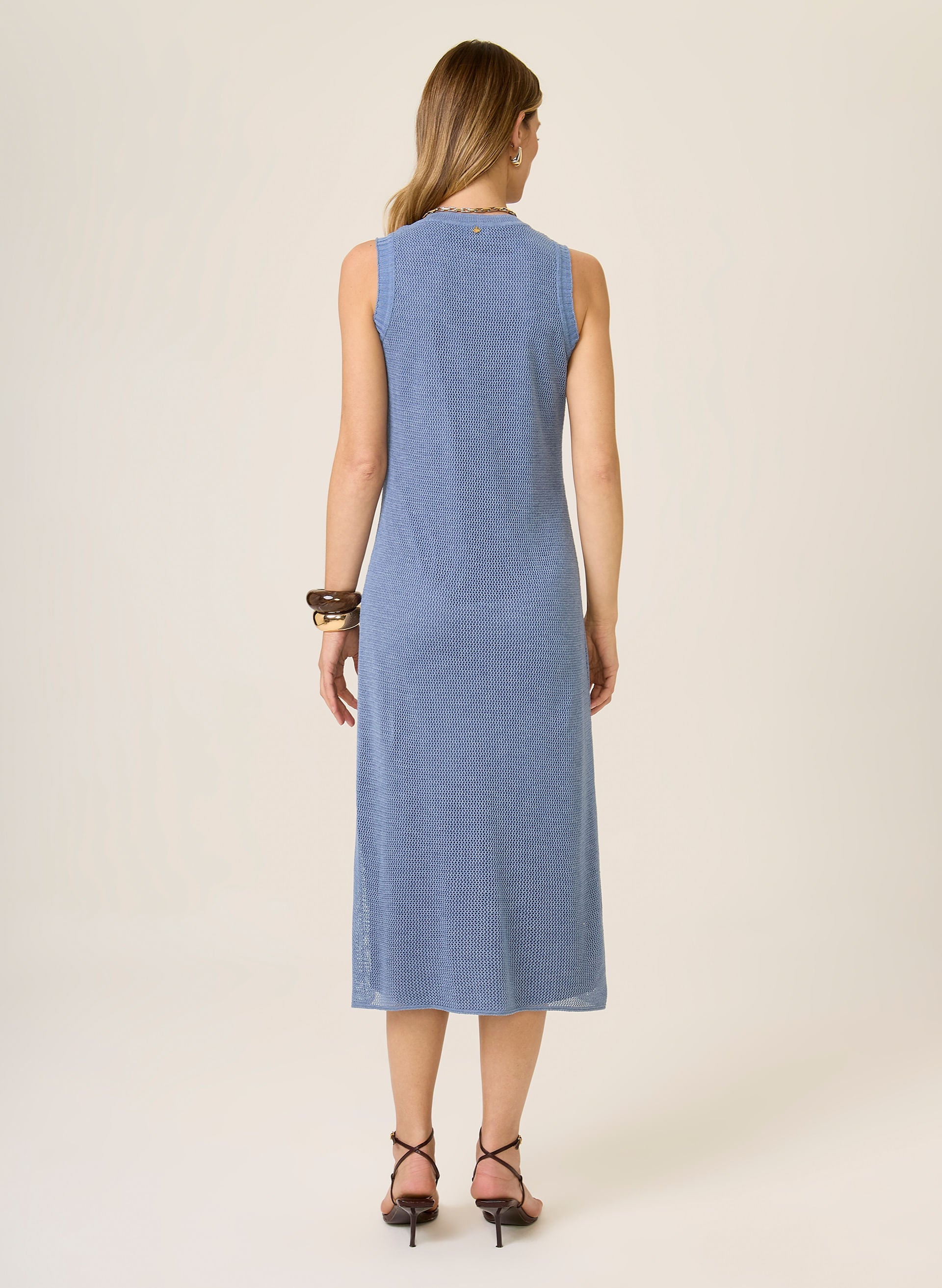 Vestido Tricot Midi Feminino Azul Claro Sem Mangas Elegante