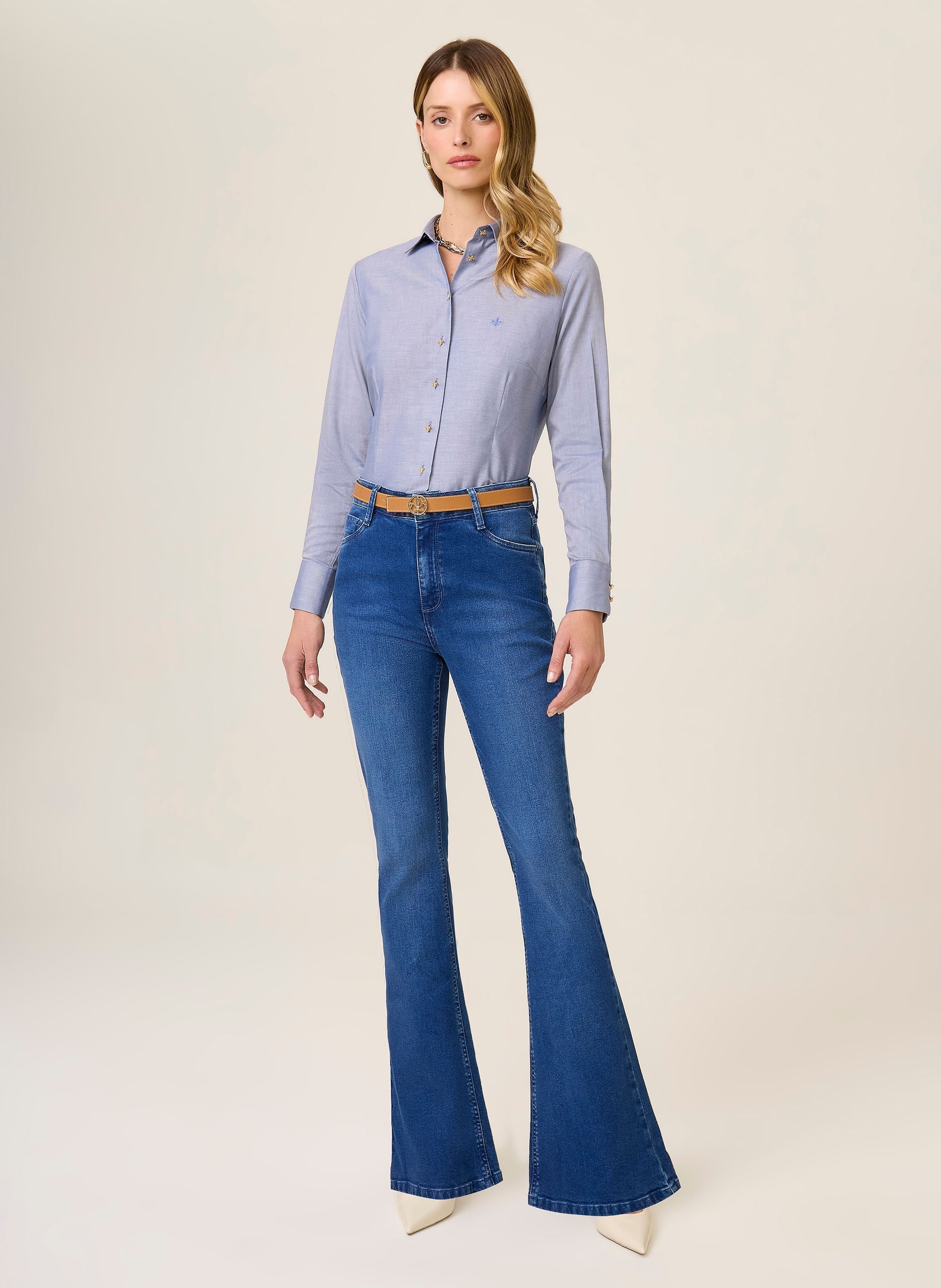 Calça Jeans Flare Feminina Dudalina Azul Jeans Médio Estilo Moderno