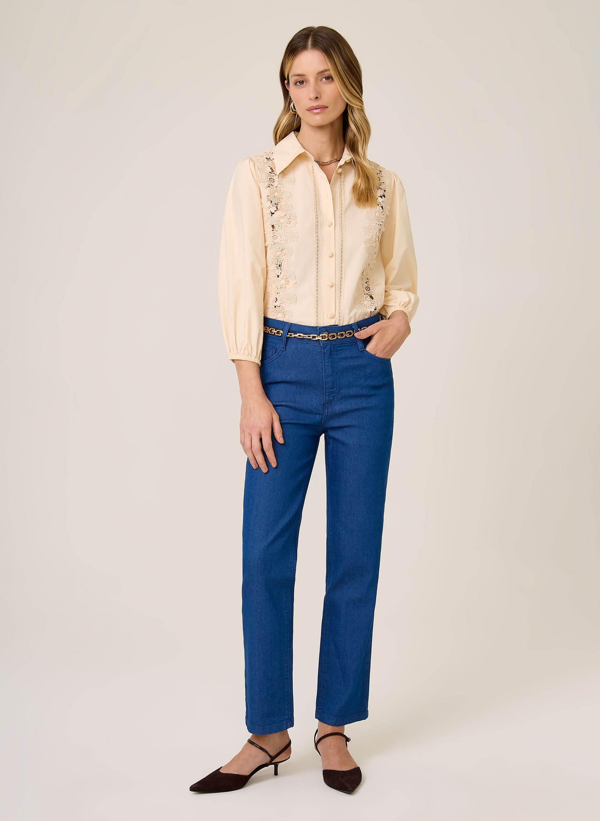 Calça Jeans Reta Cropped Feminina Jeans Médio Conforto