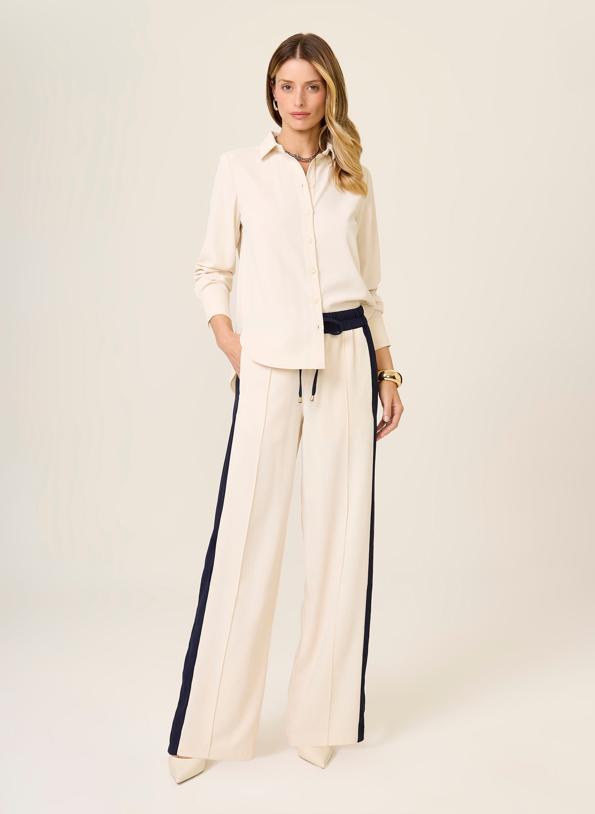 Calça Reta Bicolor Feminina Luiza Dudalina Off White com Faixa Preta