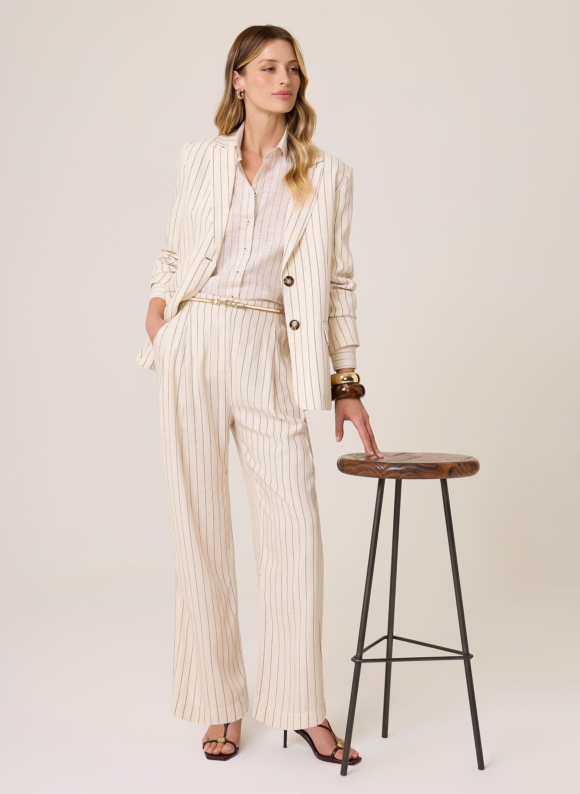 Calça Alfaiataria Slim Fit Linho Catarina Feminina Bege Claro Dudalina