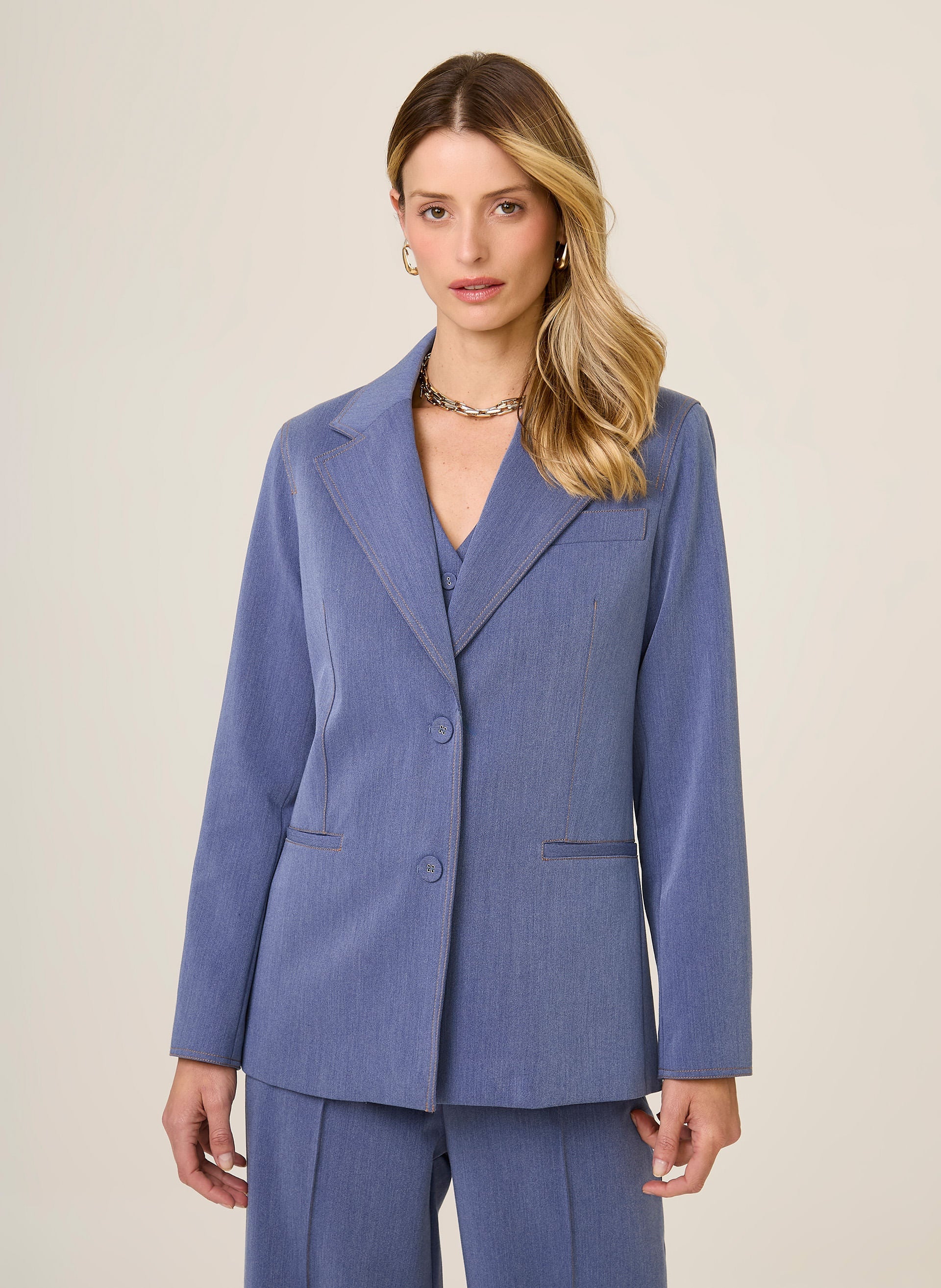 Blazer Alfaiataria Pespontado Renata Dudalina Feminino Azul Claro Elegante