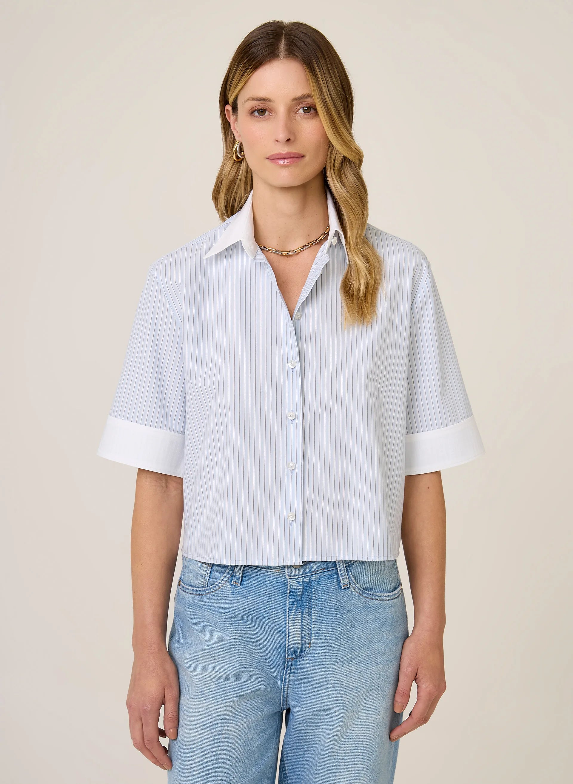 Camisa Cropped Listrada Dudalina Feminina