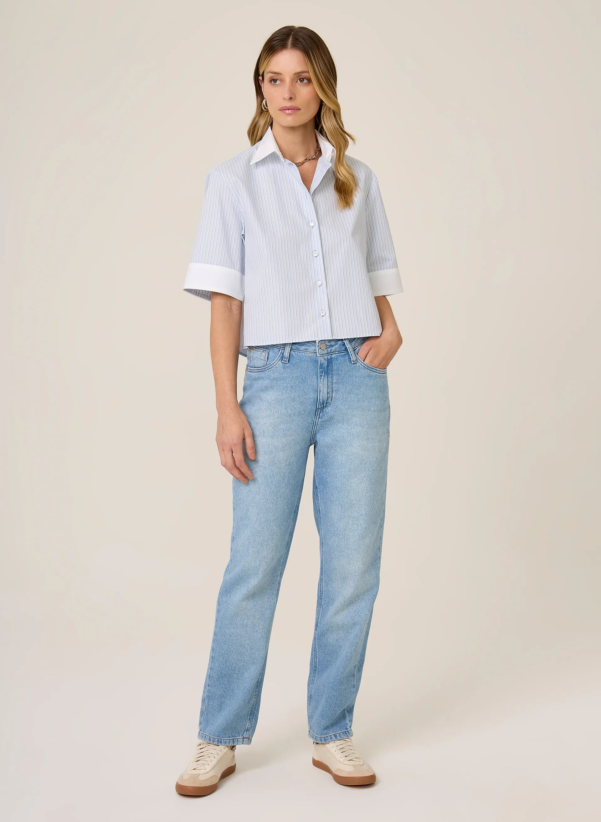 Camisa Cropped Listrada Dudalina Feminina