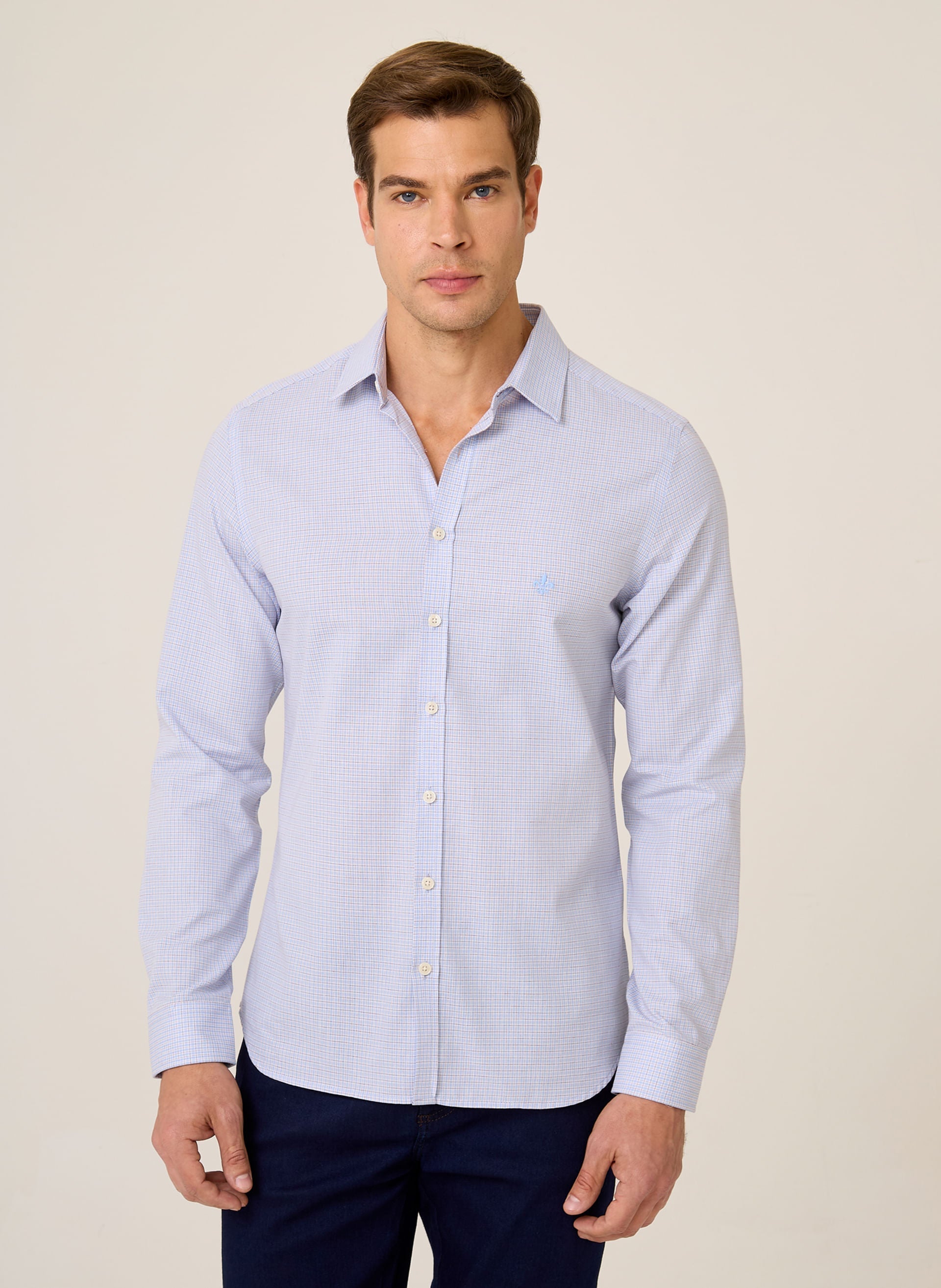 Camisa Milano Fit Xadrez Masculina Algodão Confortável Azul Claro