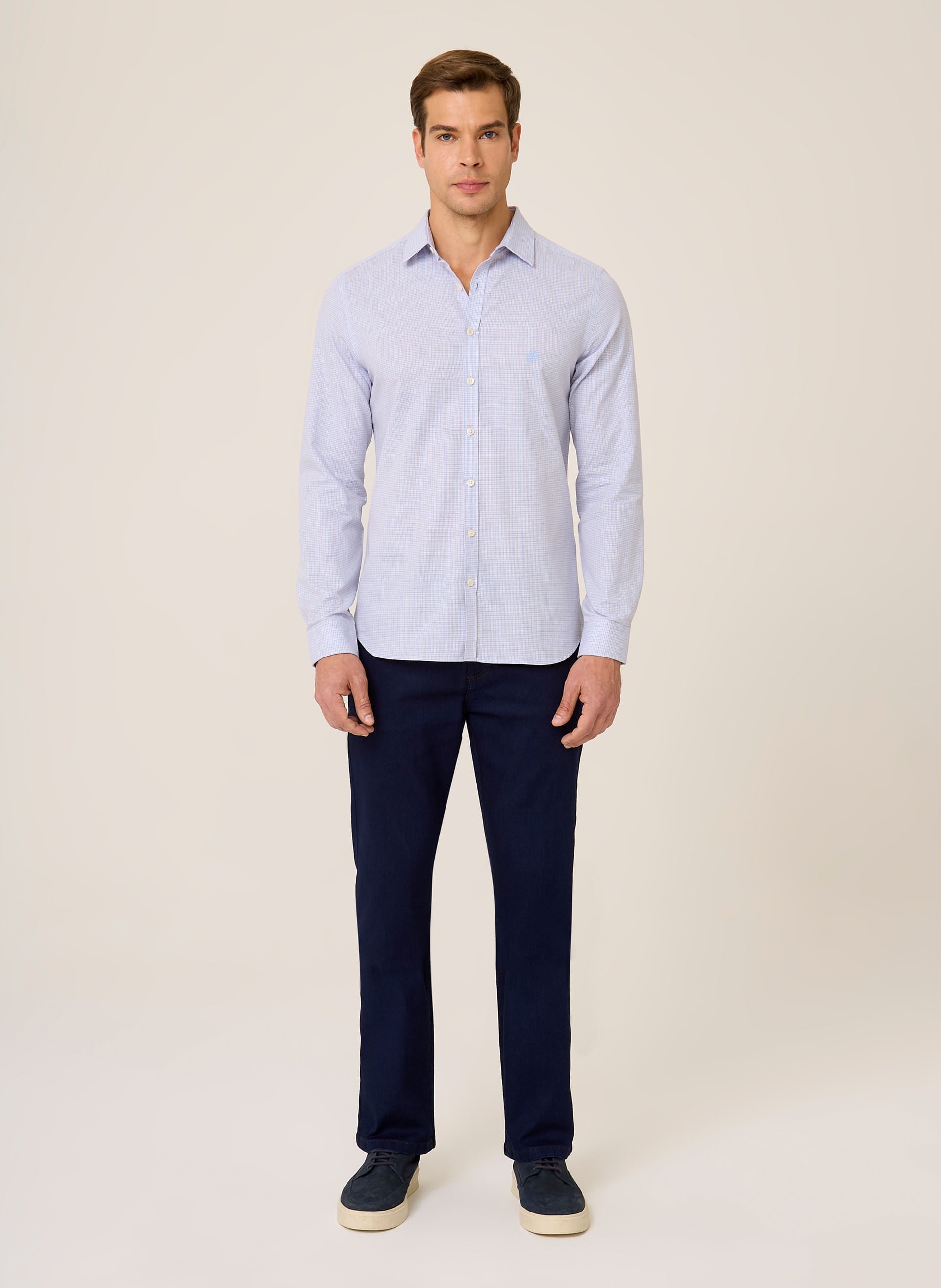 Camisa Milano Fit Xadrez Masculina Algodão Confortável Azul Claro