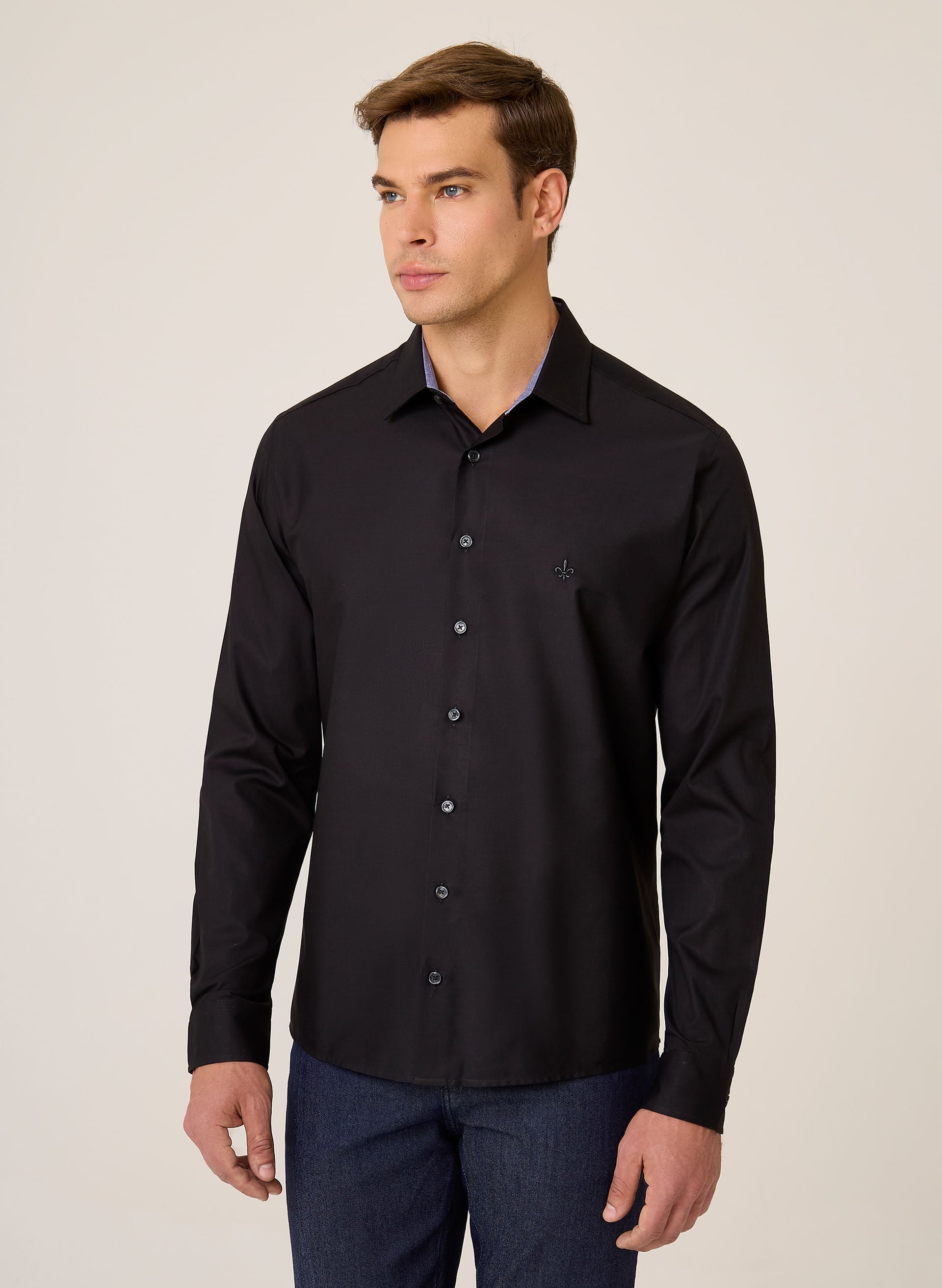 Camisa Slim Fit Lisa Masculina Dudalina Preta Algodão Confortável