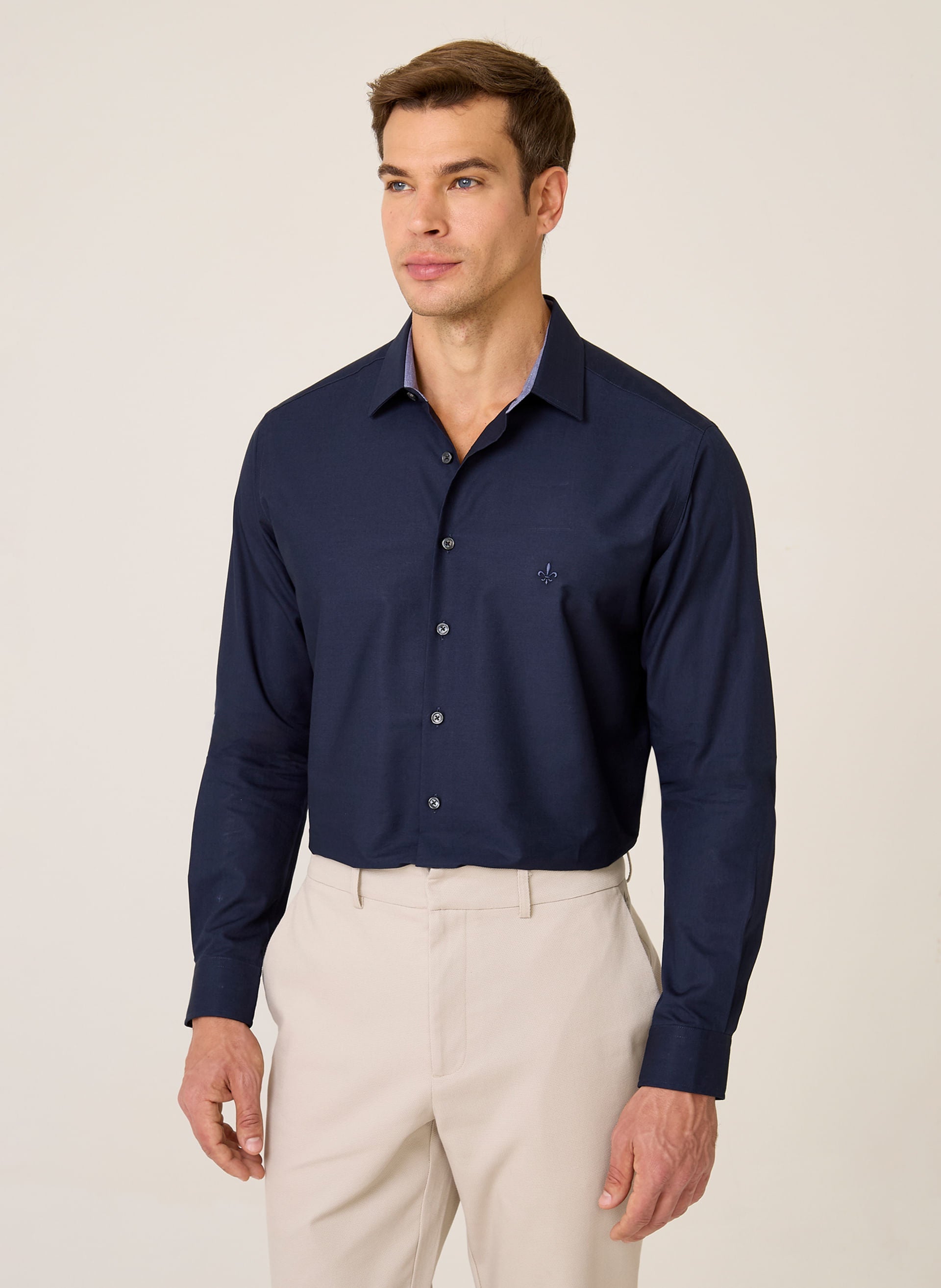 Camisa Slim Fit Lisa Masculina Azul Marinho Confortável Elegante