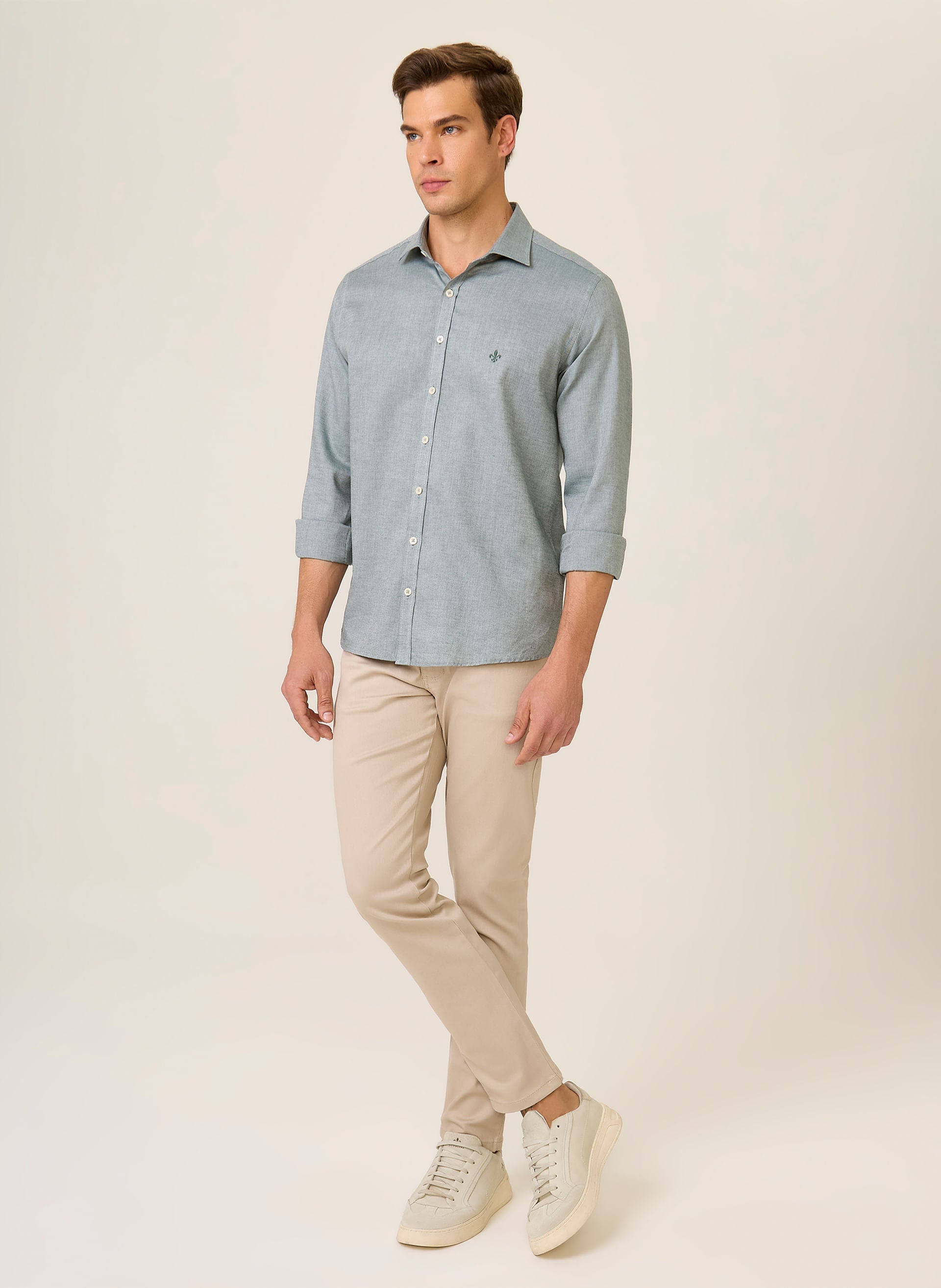 Camisa Masculina Slim Fit Oxford Lisa Verde Médio Dudalina Confortável