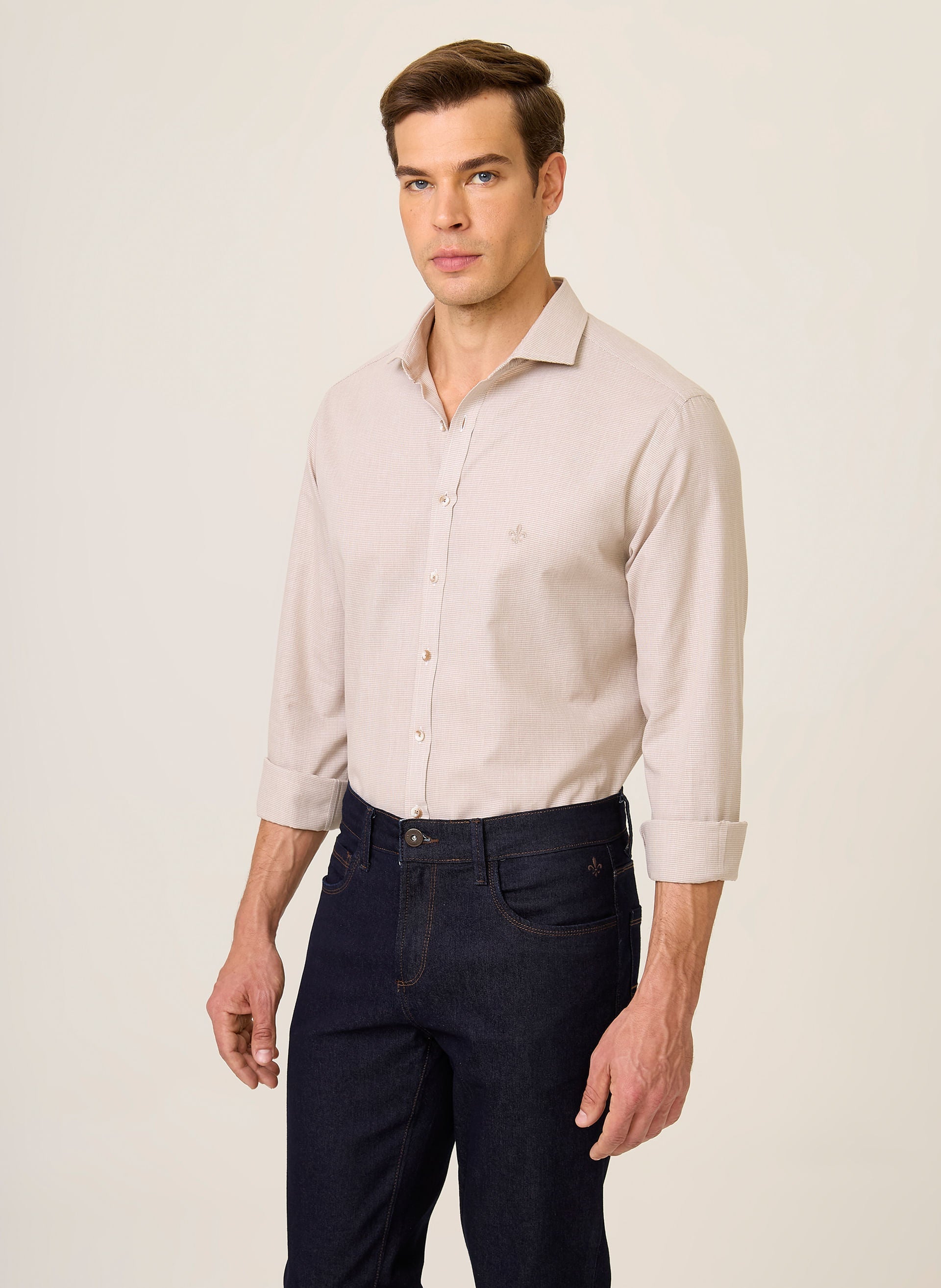 Camisa Masculina Slim Fit Micro Vichy Bege Confortável