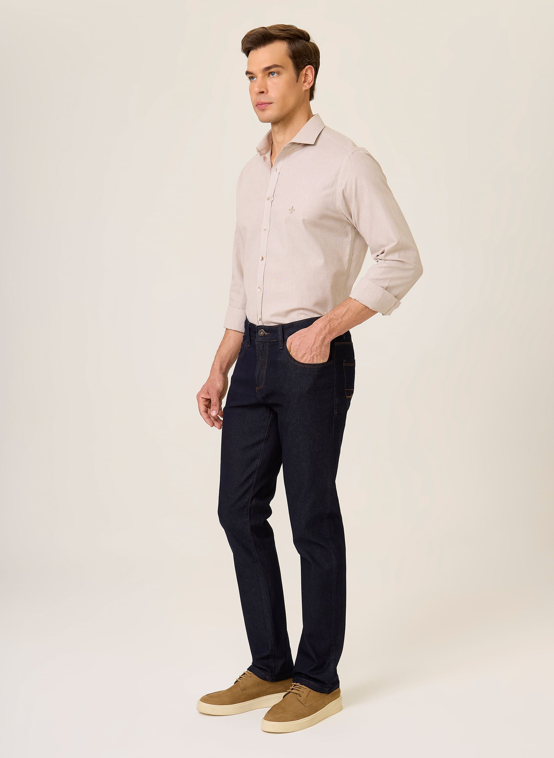 Camisa Masculina Slim Fit Micro Vichy Bege Confortável