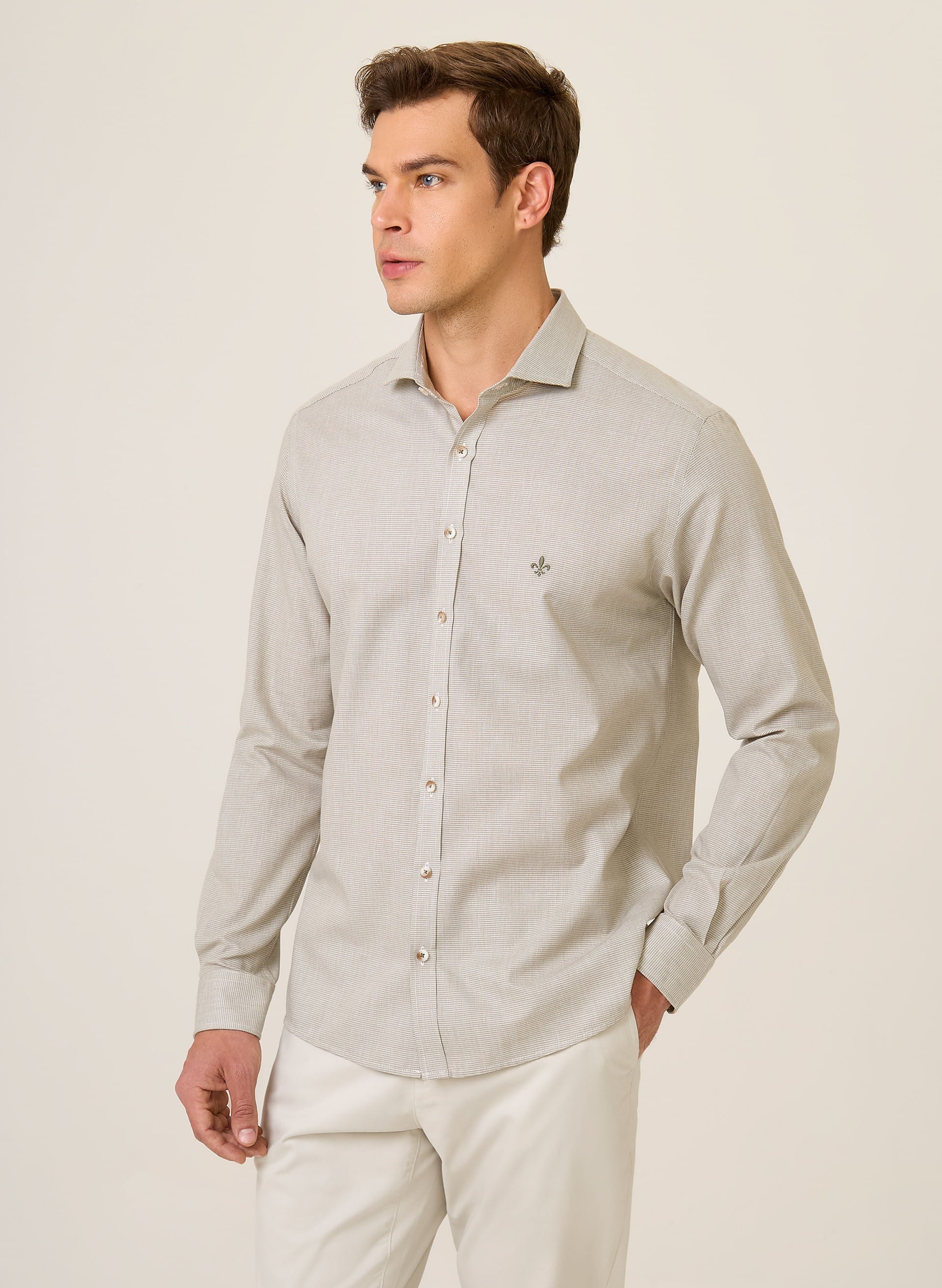 Camisa Slim Fit Masculina Micro Vichy Verde Conforto Elegante