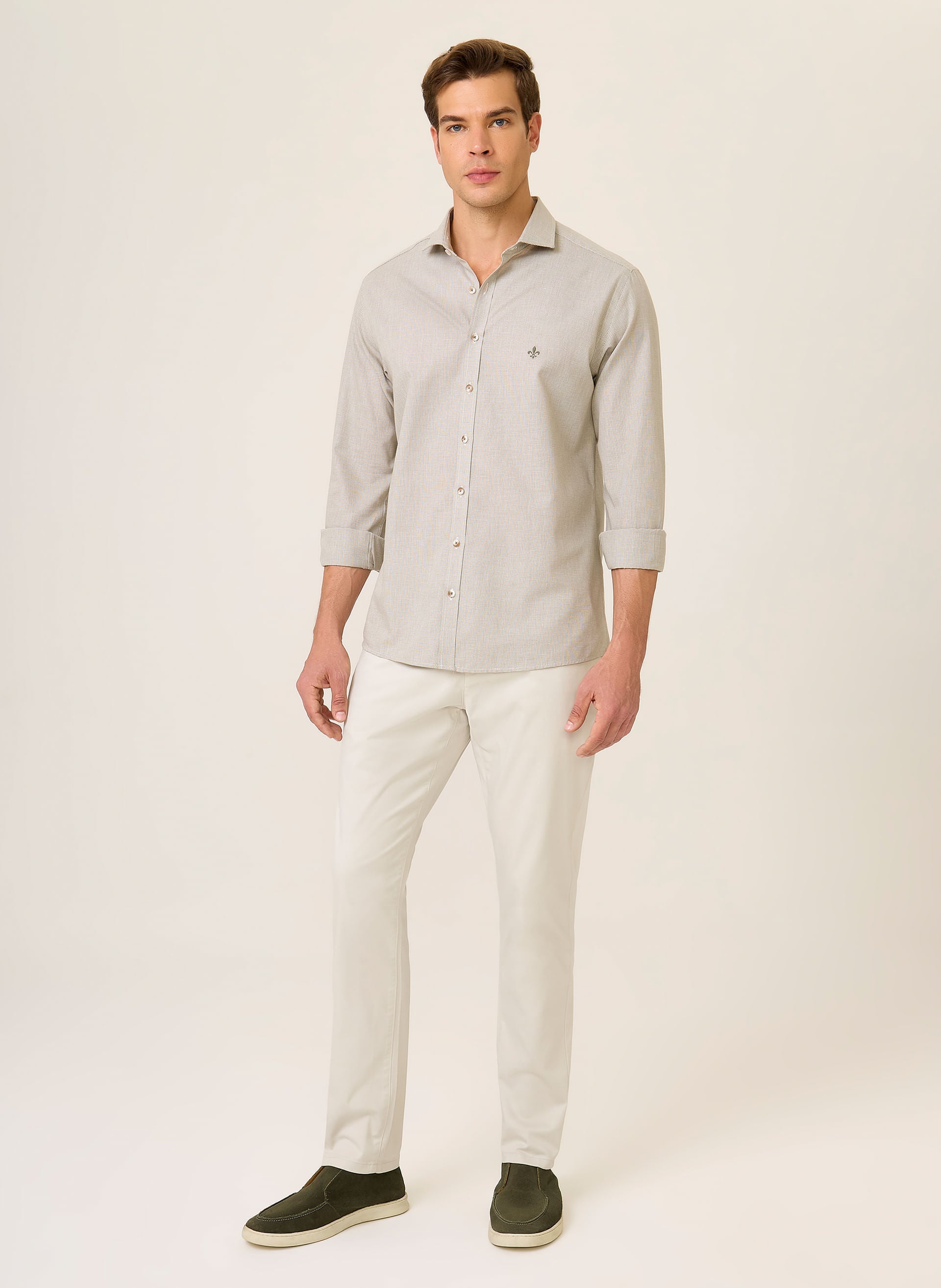 Camisa Slim Fit Masculina Micro Vichy Verde Conforto Elegante