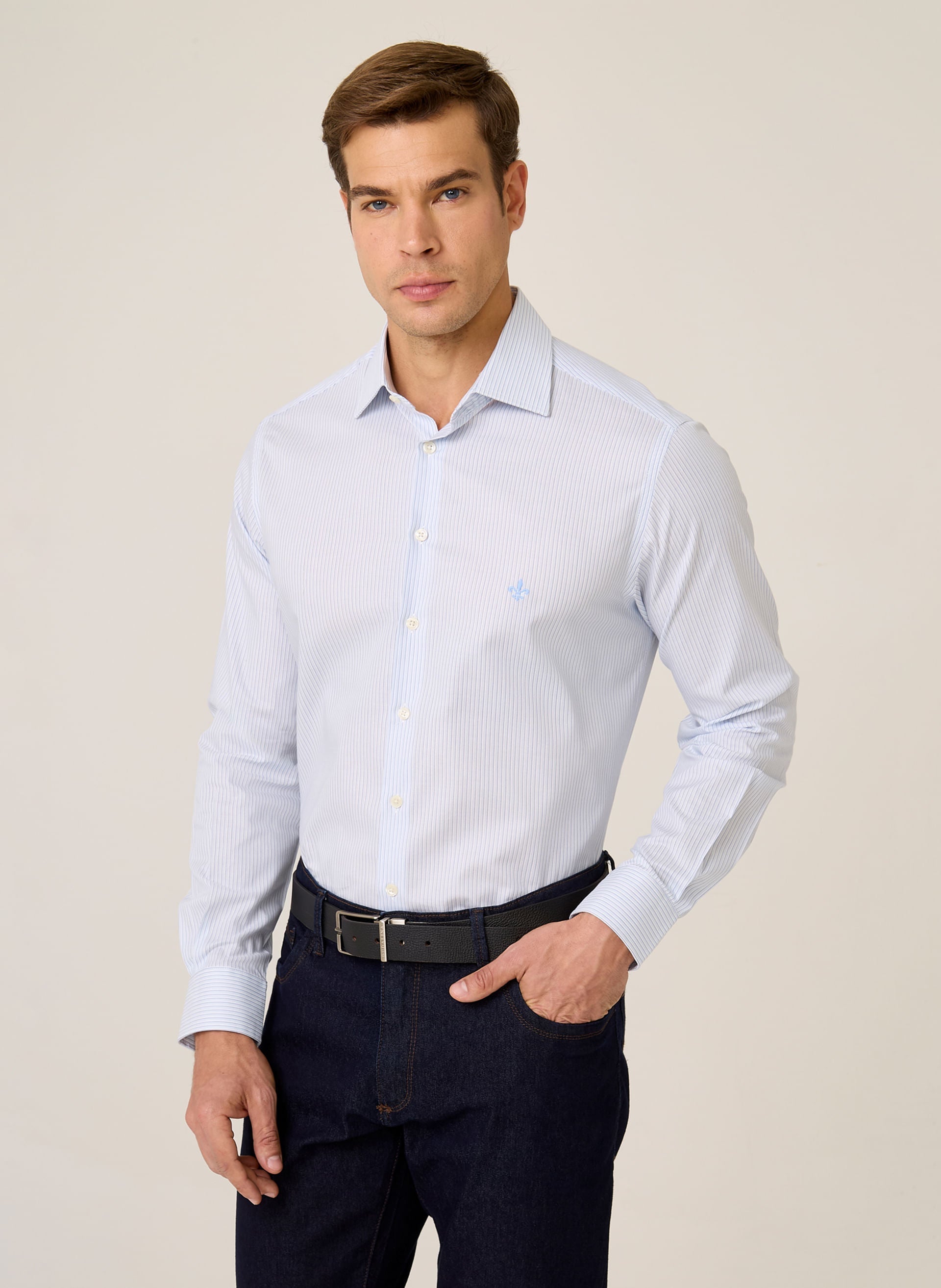 Camisa Slim Fit Masculina Listrada Azul Claro com Algodão Premium
