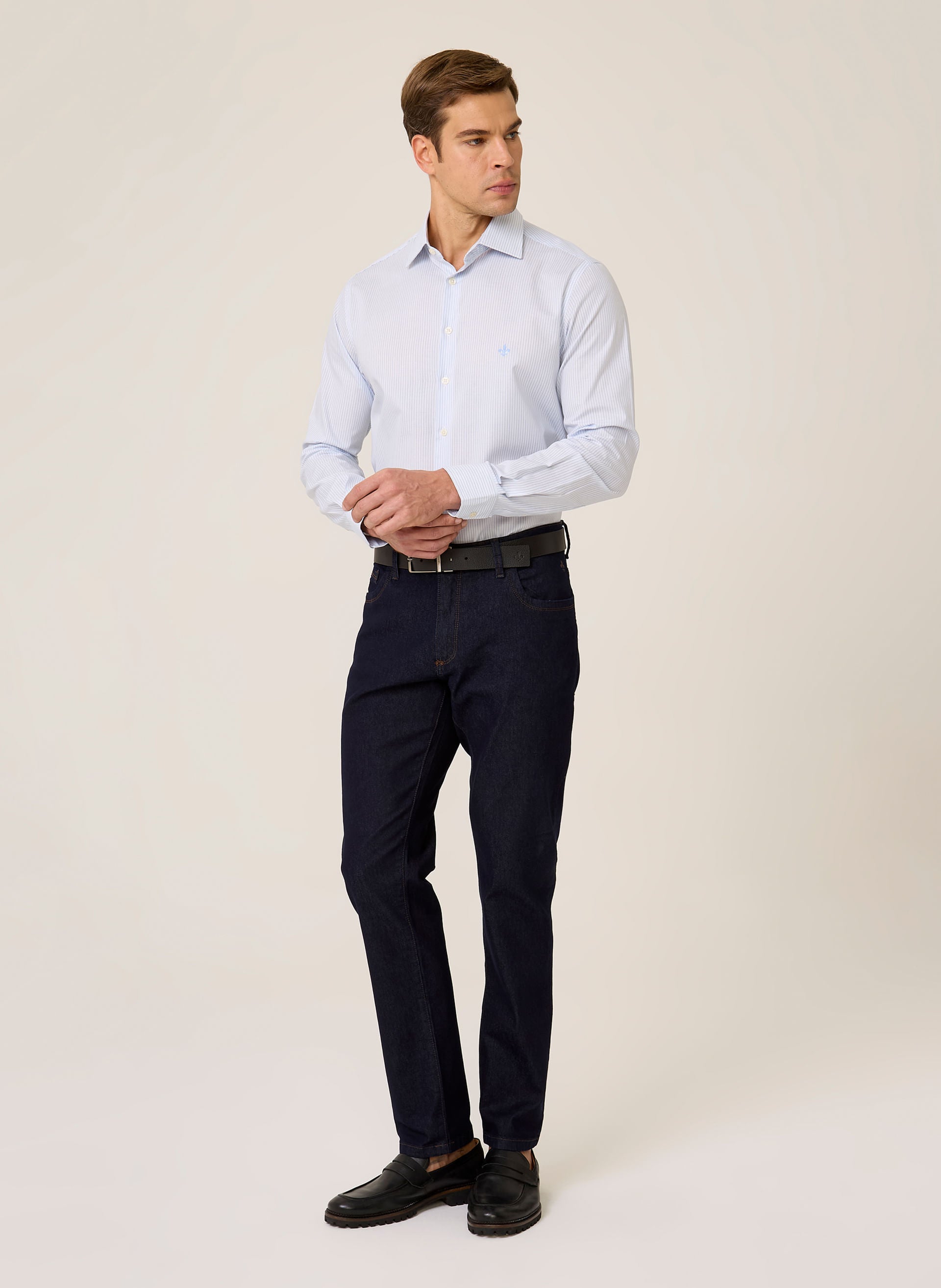 Camisa Slim Fit Masculina Listrada Azul Claro com Algodão Premium