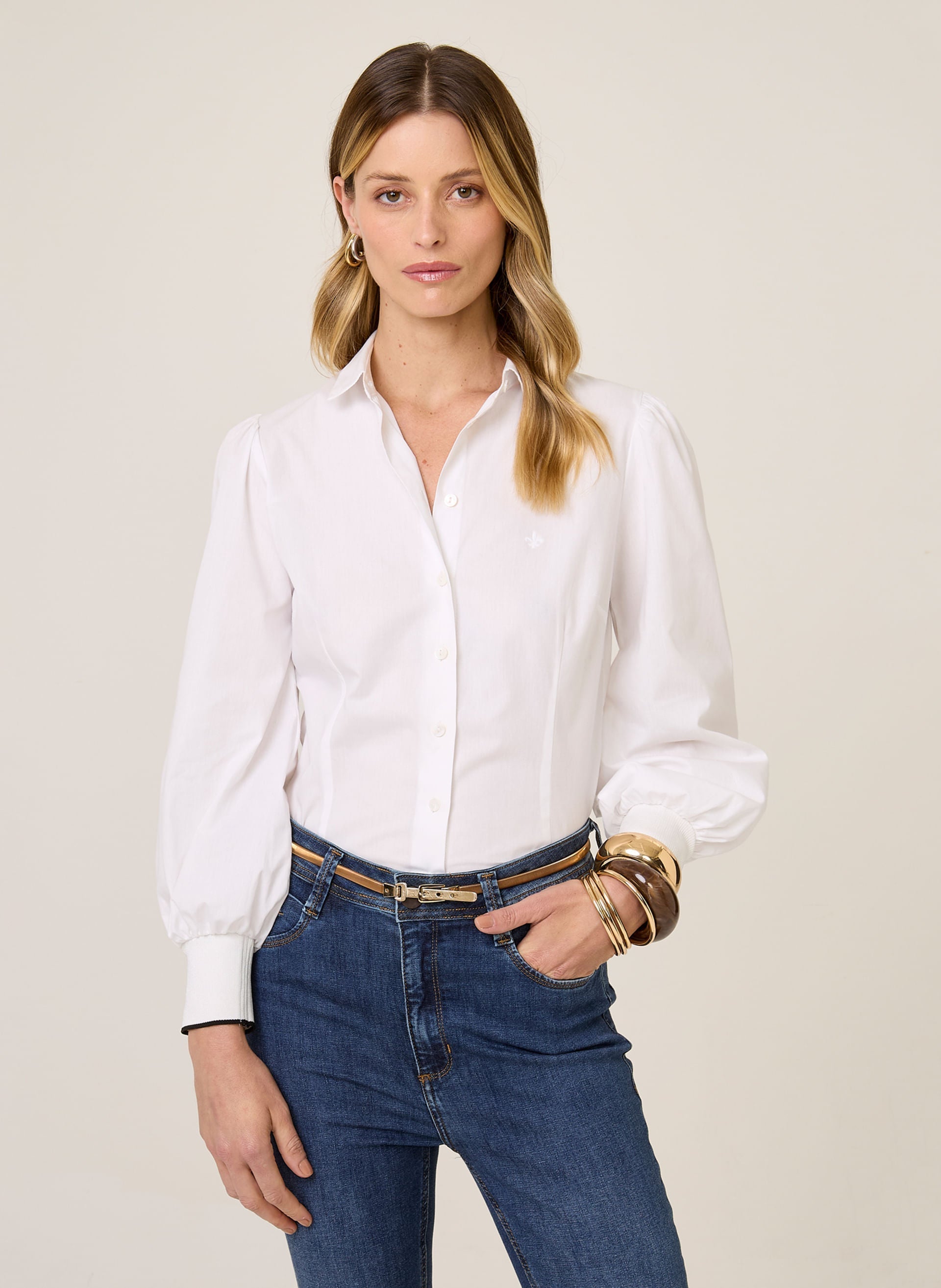 Camisa Feminina Slim Fit com Punho Ribana Branco Elegante Dudalina