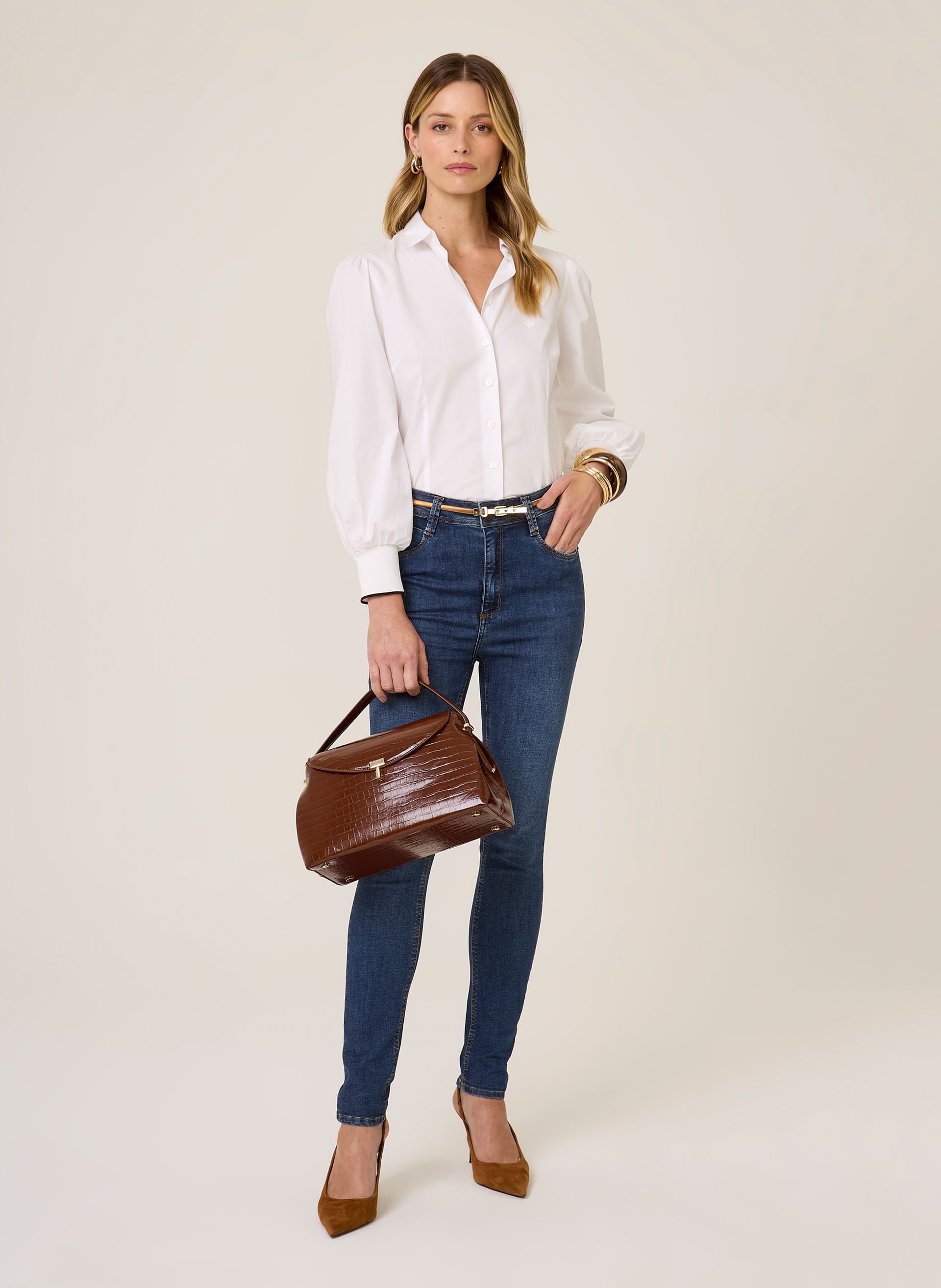Camisa Feminina Slim Fit com Punho Ribana Branco Elegante Dudalina