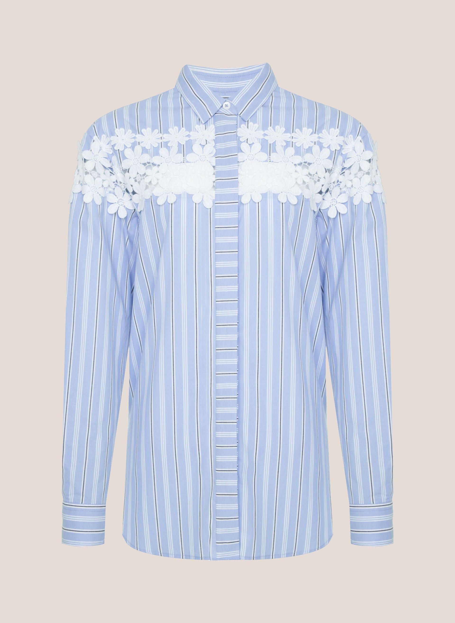 Camisa Slim Fit Listrado Feminina com Detalhe em Renda Floral