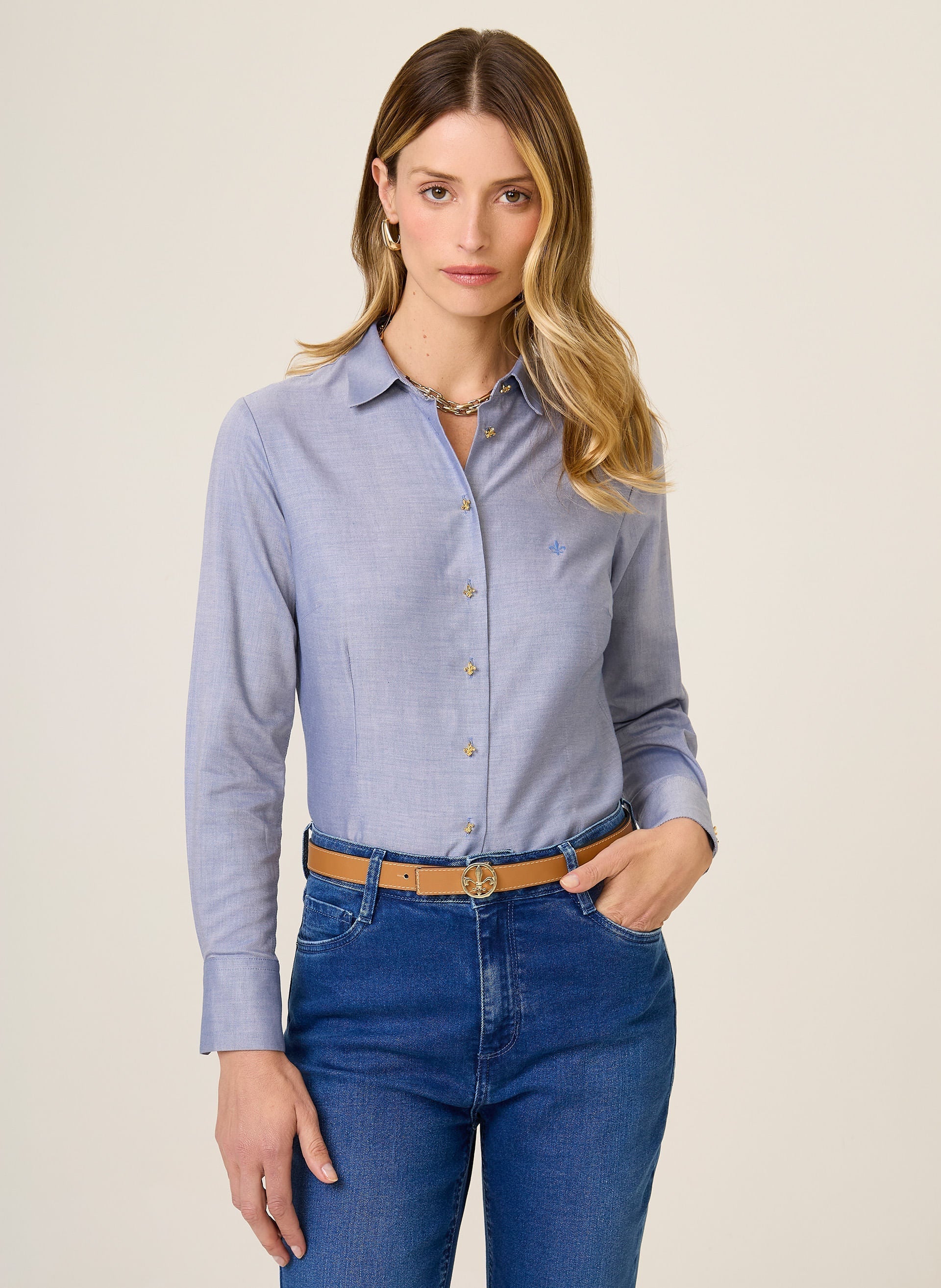 Camisa Slim Fit Maquinetada Feminina Dudalina Azul Médio Elegante Confortável