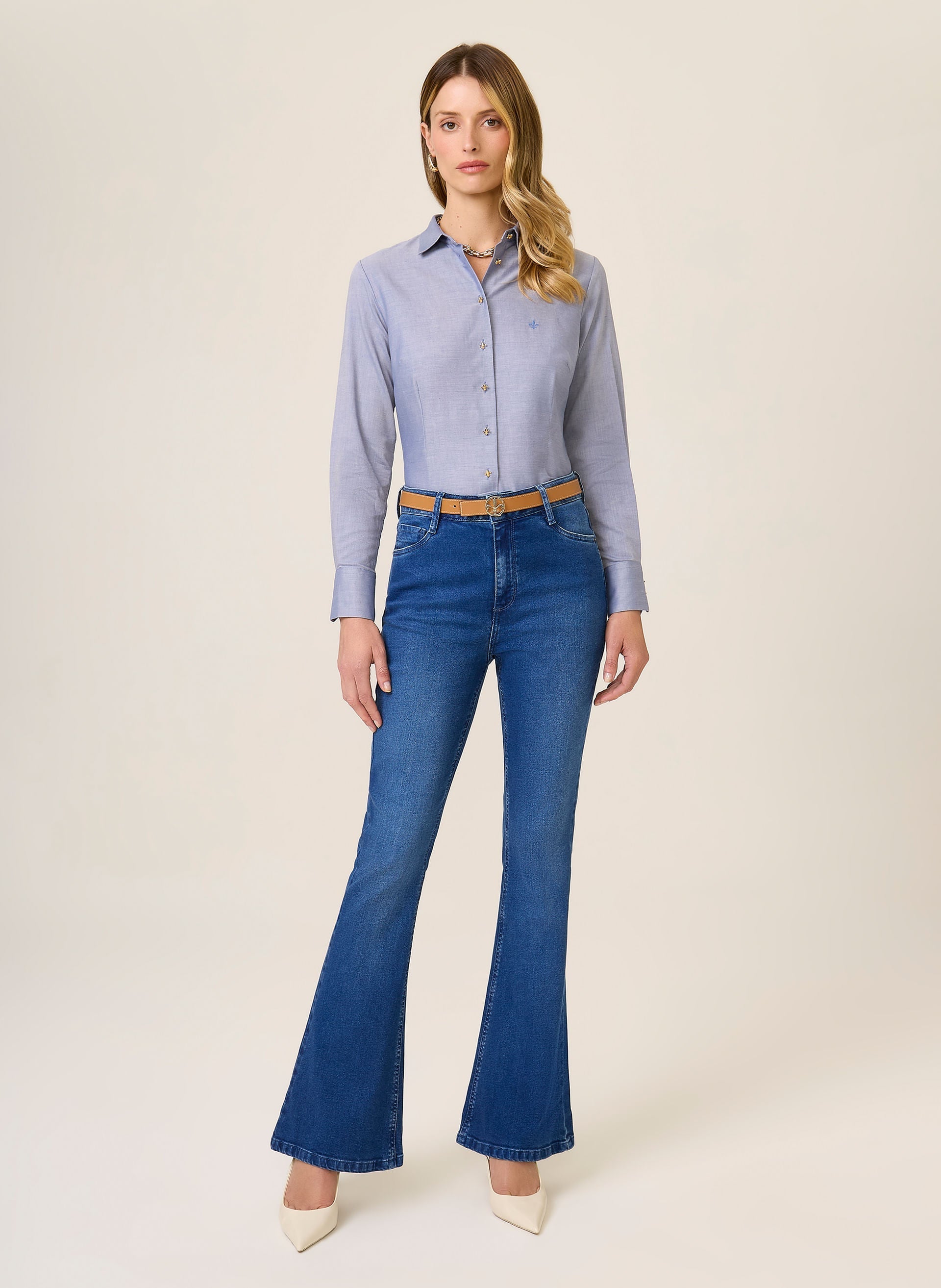 Camisa Slim Fit Maquinetada Feminina Dudalina Azul Médio Elegante Confortável