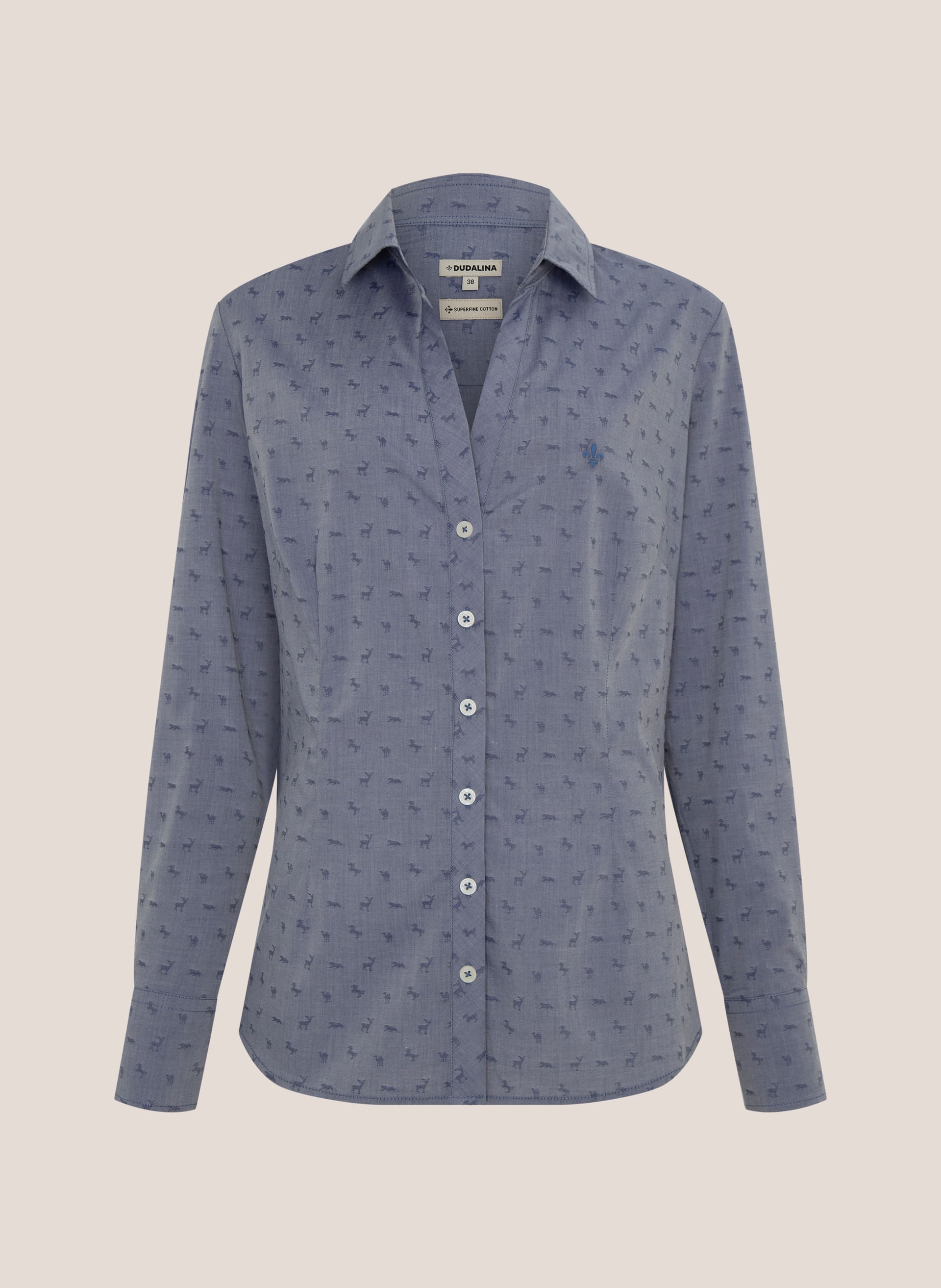 Camisa Jeans Slim Feminina Dudalina Azul Médio Estampa Delicada