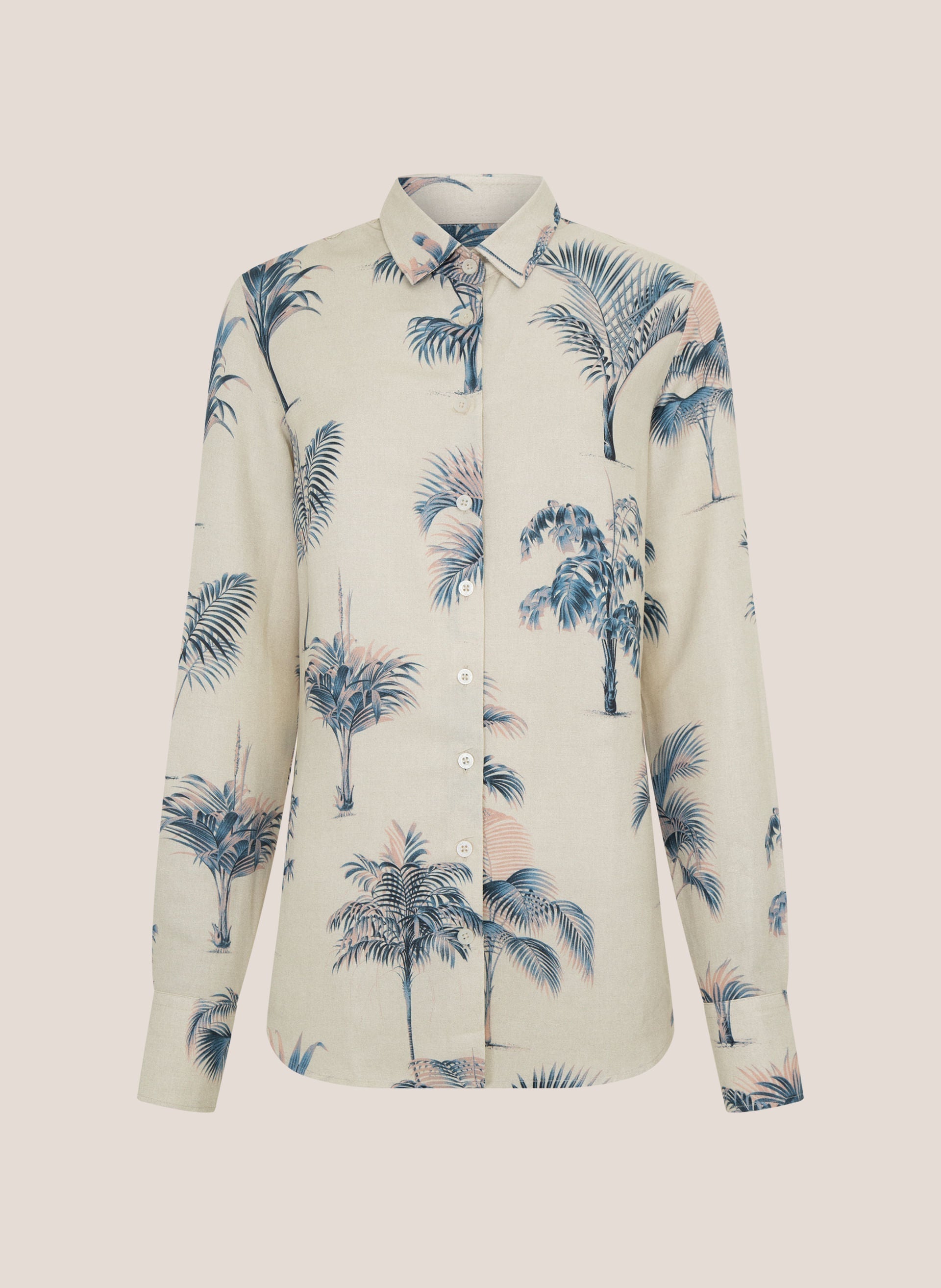 Camisa Feminina Regular Estampa Folhagem Azul Bege Confortável