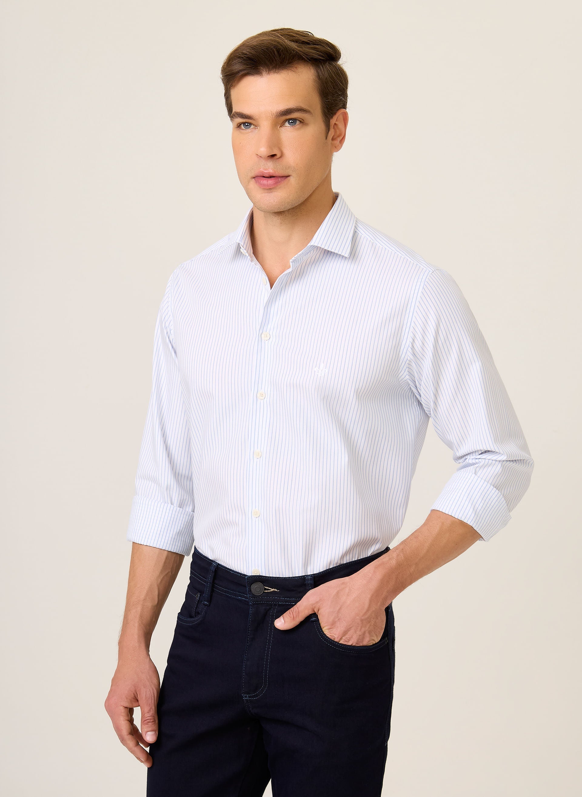 Camisa Masculina Slim Fit Listrada Maquinetada Manga Longa