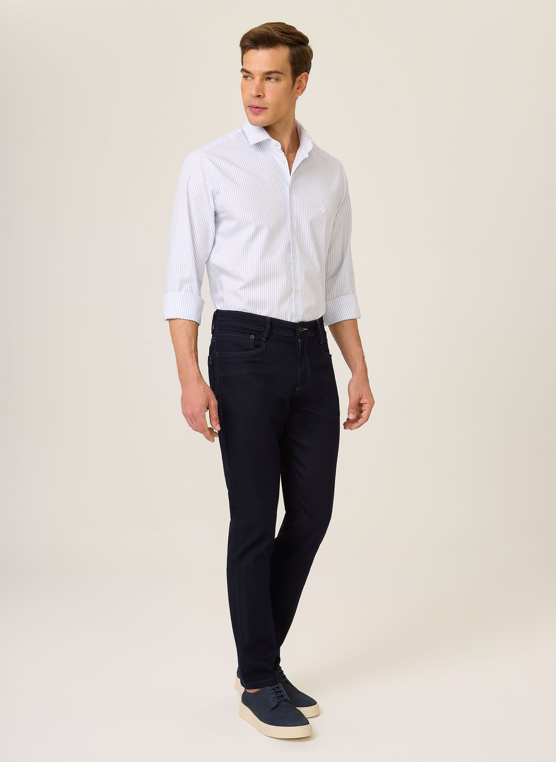 Camisa Masculina Slim Fit Listrada Maquinetada Manga Longa