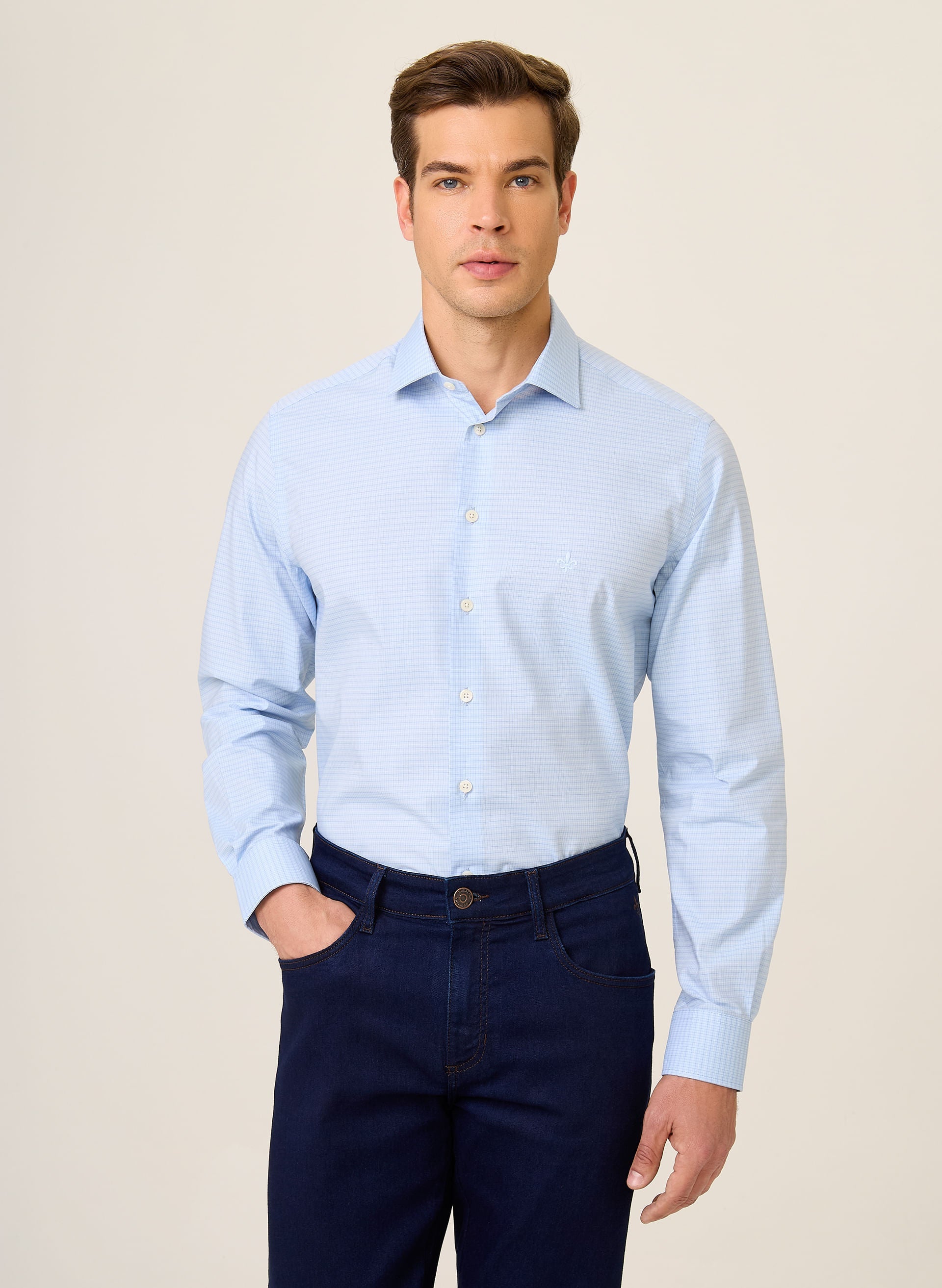 Camisa Masculina Slim Fit Xadrez Azul Claro Confortável