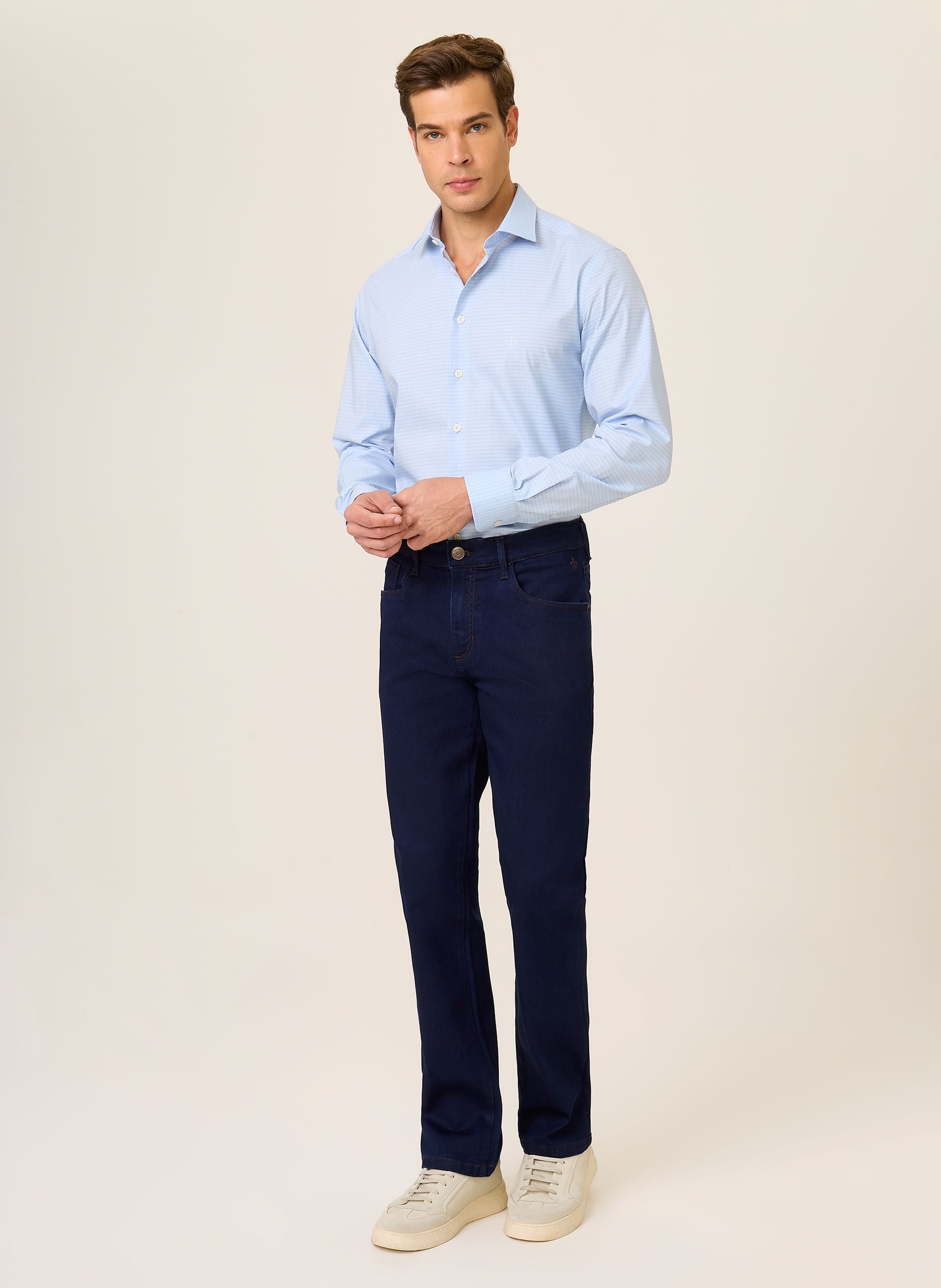 Camisa Masculina Slim Fit Xadrez Azul Claro Confortável