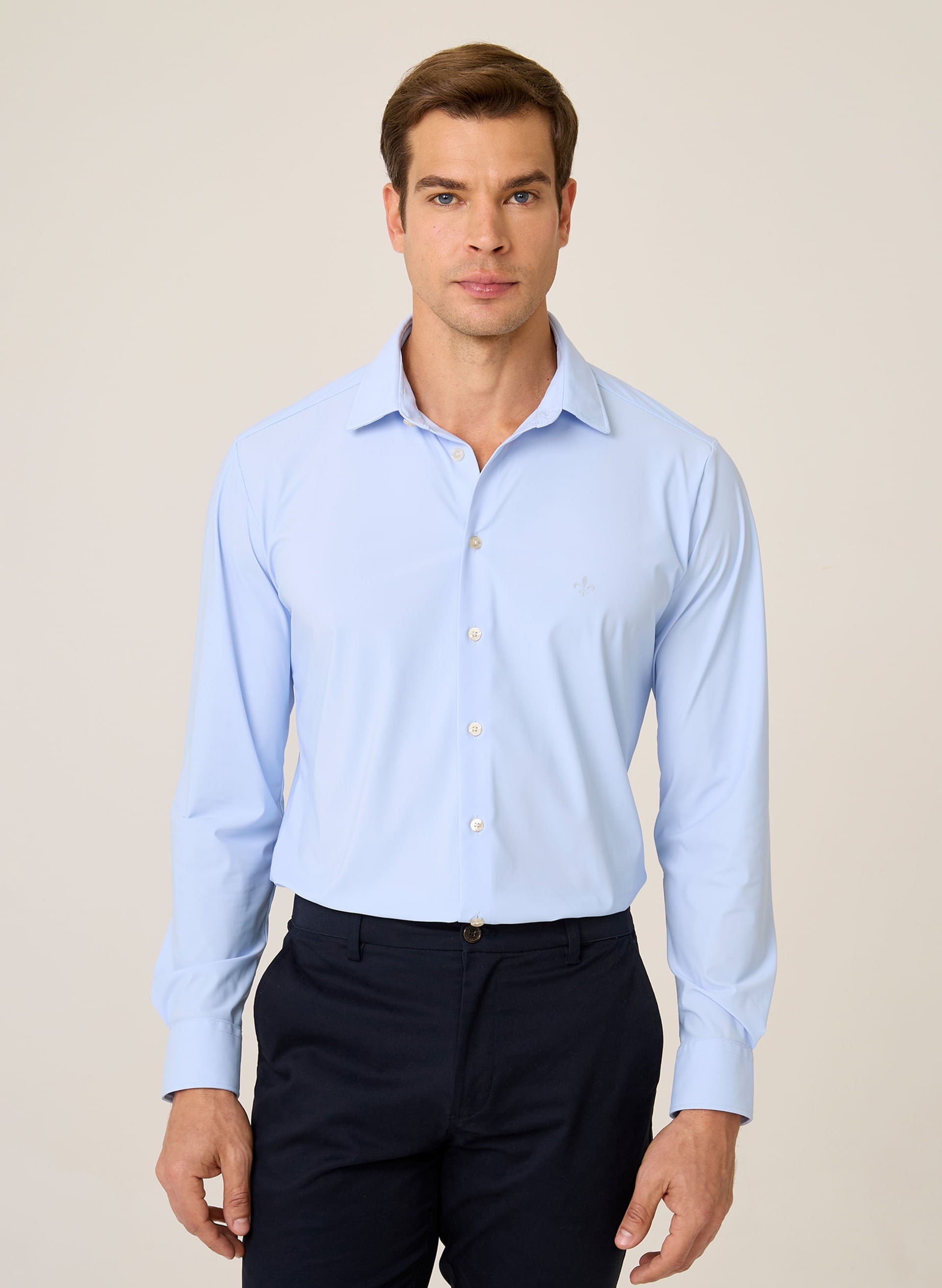 Camisa Slim Fit Performance Masculina Azul Claro Algodão Premium