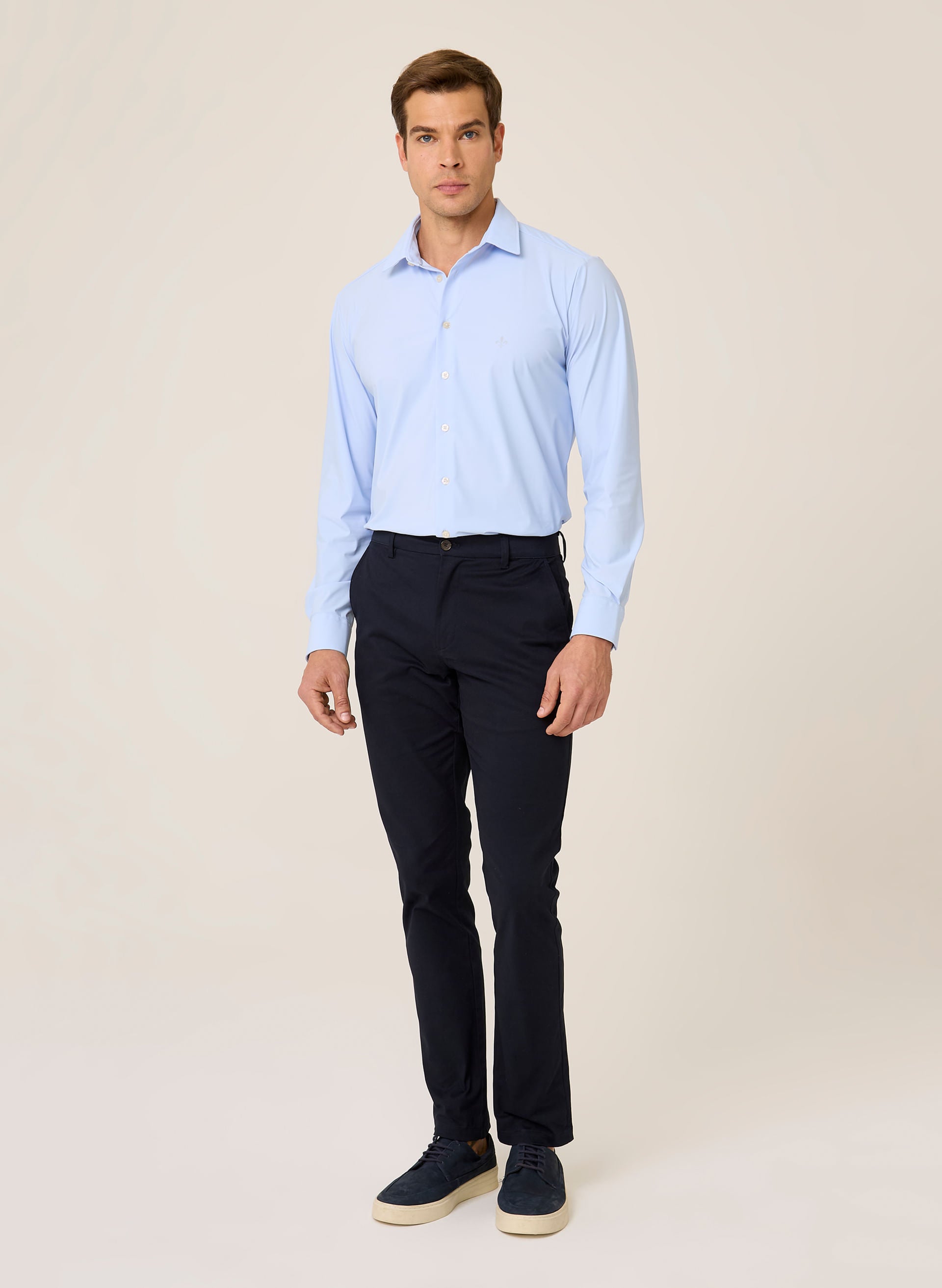 Camisa Slim Fit Performance Masculina Azul Claro Algodão Premium