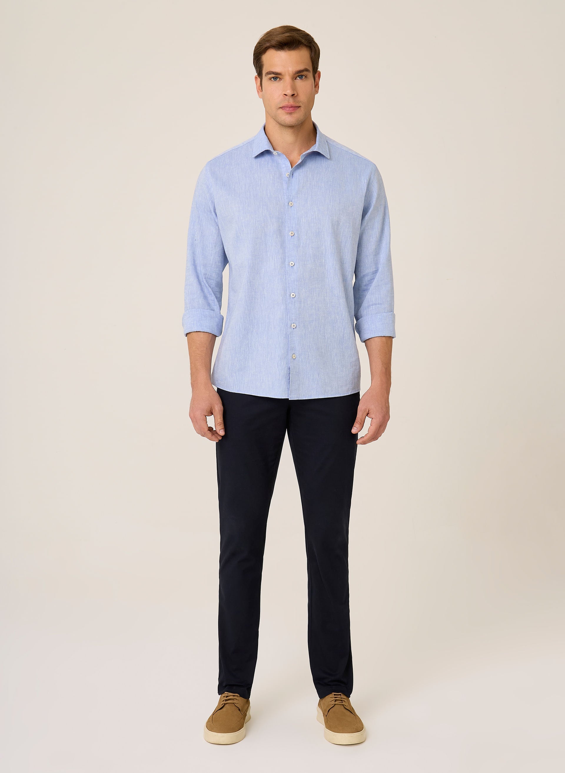 Camisa Slim Fit Masculina em Linho Misturado Azul Claro Confortável