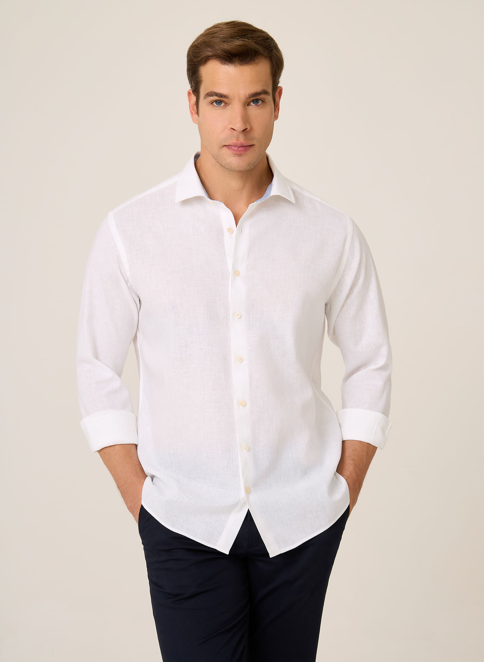 Camisa Slim Fit Masculina em Linho Misturado Azul Claro Confortável